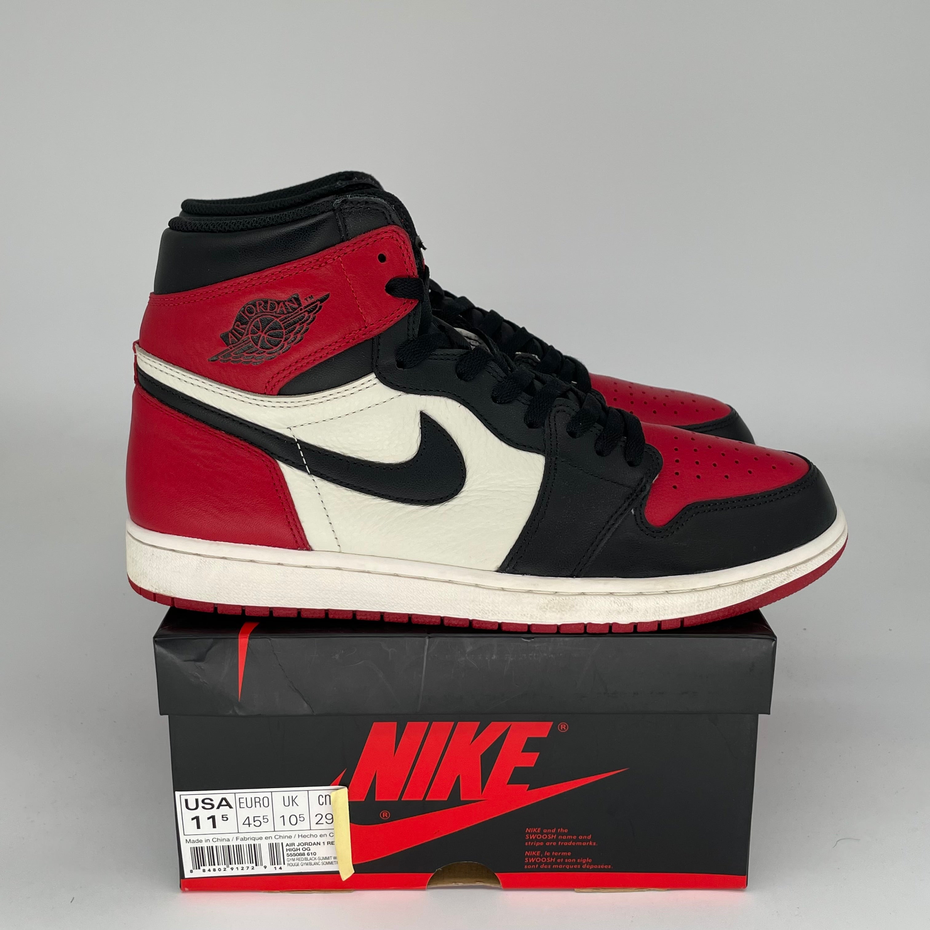 Original Air Jordan 1 Retro High OG 'Bred Toe' Men's Basketball Shoes Size 11.5 (555088-610) - Perfect for Streetwear, Sneaker Collecting & Casual Fashion