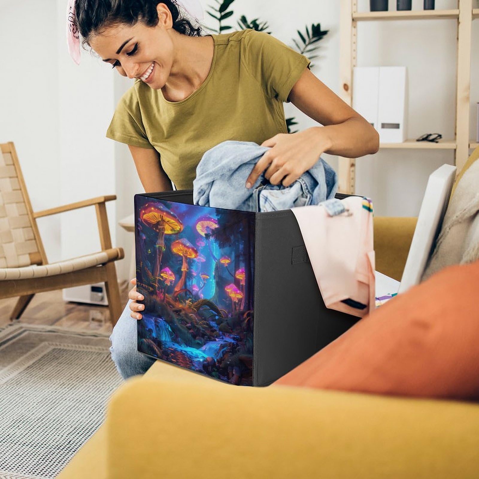 Blacklight Mushroom Folding Storage Cubes - Collapsible Fabric Organizer Bins with Handles for Closet, Nursery & Home Organization (1-Pack) - Perfect for Toys, Books & Laundry Storage
