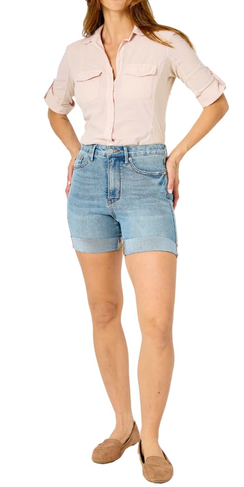 Judy Blue High Waist Tummy Control Cool Denim Shorts for Women | Stretchy Comfortable Summer Shorts | Perfect for Beach, Vacation & Casual Outings