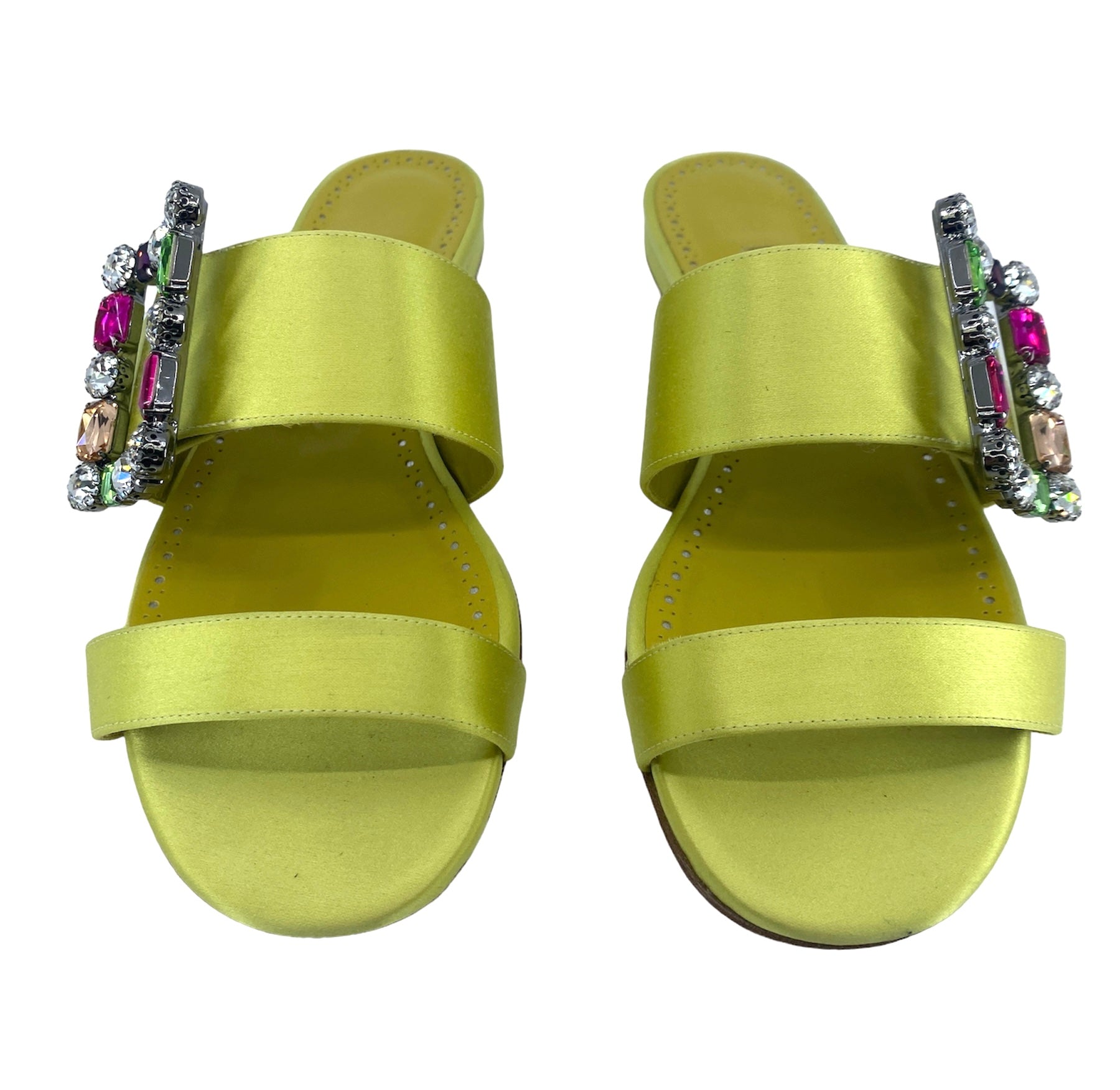 Manolo Blahnik Verda Crystal Buckle Flat Sandals - Women's Size 38.5 (US 8.5) Green Leather Summer Shoes | Elegant Comfort for Weddings, Parties & Beach Vacations