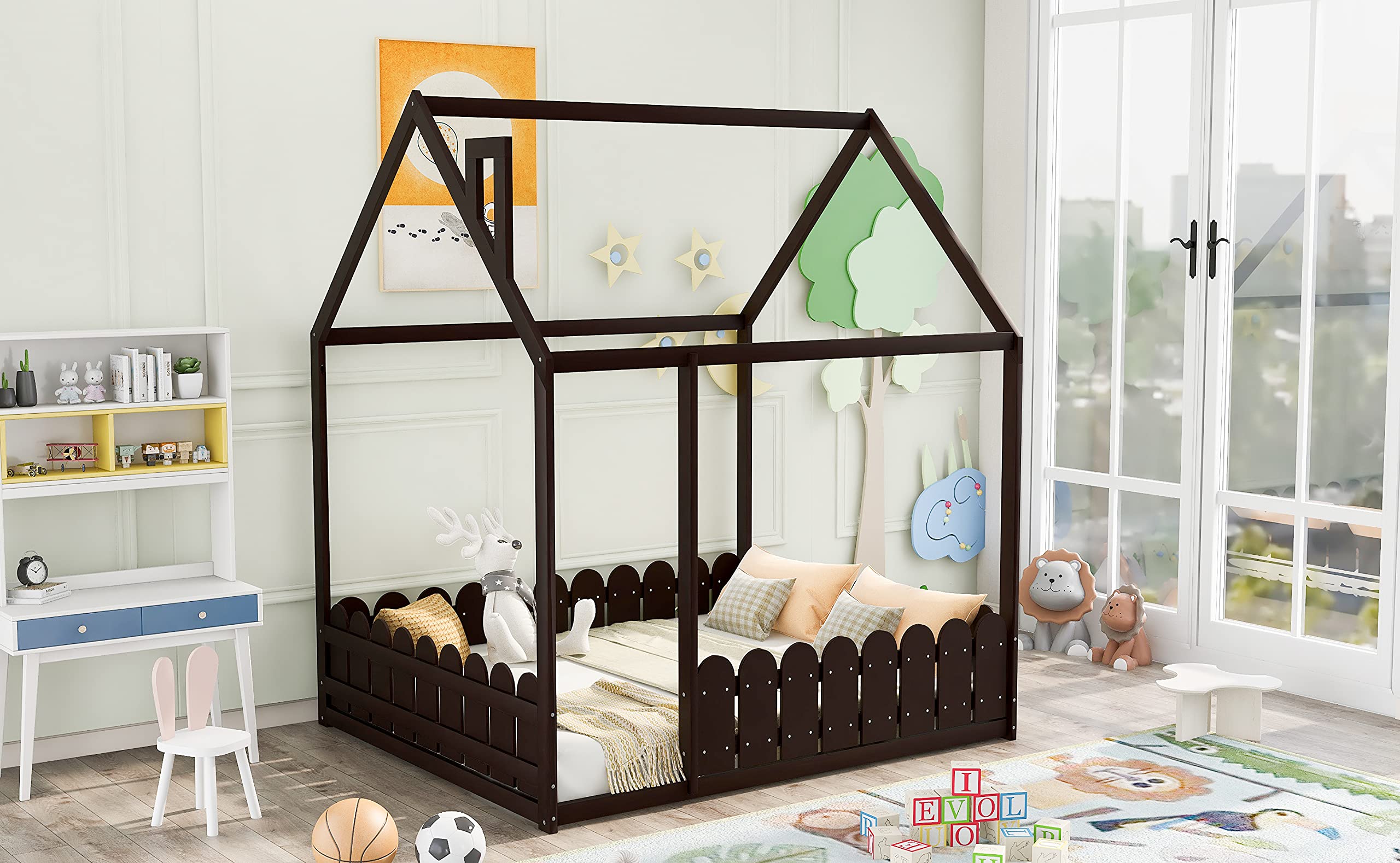 RUNNA Kids House Bed - Full Size Wooden Floor Bed Frame with Safety Fence | Espresso Cabin Bed for Toddlers & Children | Durable Nursery Furniture with Unlimited Weight Capacity | Perfect for Bedrooms, Playrooms & Montessori Spaces