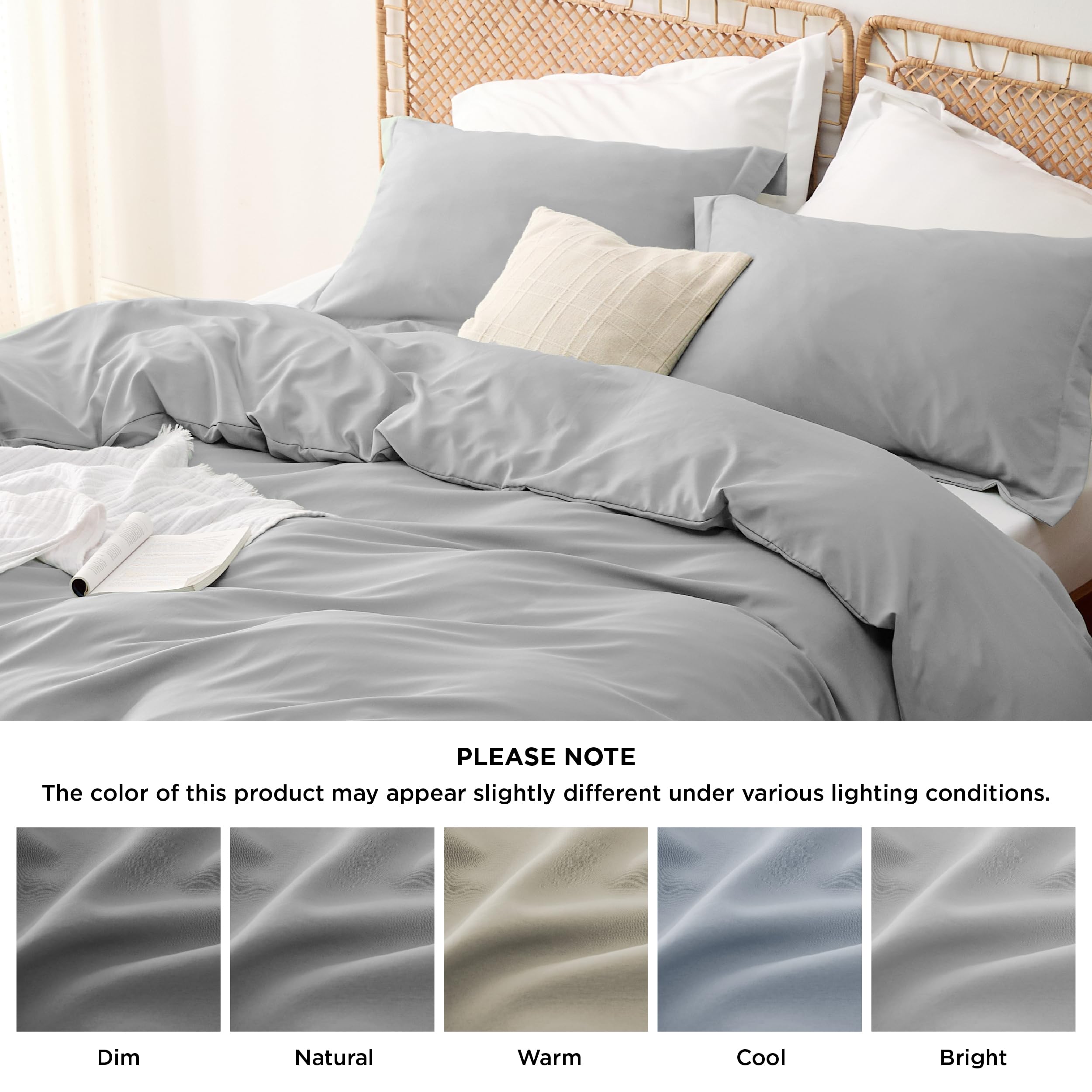Bedsure Cooling Queen Duvet Cover Set - 3 Piece Grey Bamboo Rayon & Polyester Bedding Set with Zipper Closure (90x90 inches) + 2 Pillow Shams | Soft, Breathable & Temperature Regulating for All-Season Comfort | Perfect for Hot Sleepers, Guest Rooms & Modern Bedrooms