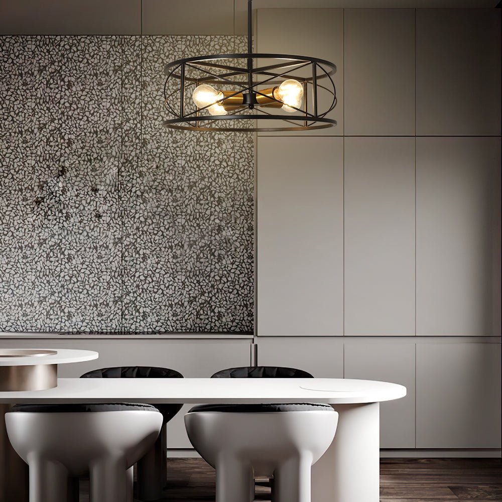 DLLT 4-Light Black Round Pendant Lighting Fixture - 18 Inch Industrial Metal Drum Cage Chandelier - Farmhouse Hanging Light for Dining Room Kitchen Living Room Bedroom Hallway - Perfect for Rustic Home Decor & Modern Interior Design