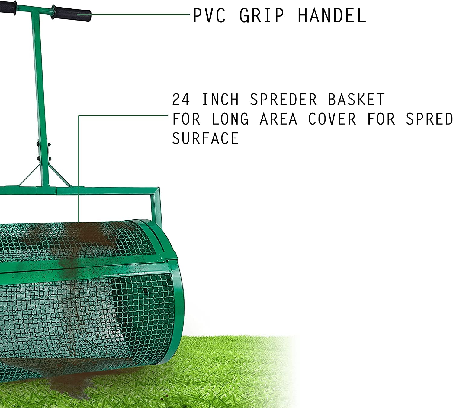 **24-Inch Metal Mesh Compost Spreader - Heavy Duty Push Lawn & Garden Fertilizer Spreader for Even Distribution - Perfect for Grass, Yard, and Garden Care**    *(Use Cases: Ideal for spreading compost, fertilizer, or manure in lawns, gardens, and landscaping projects.)*