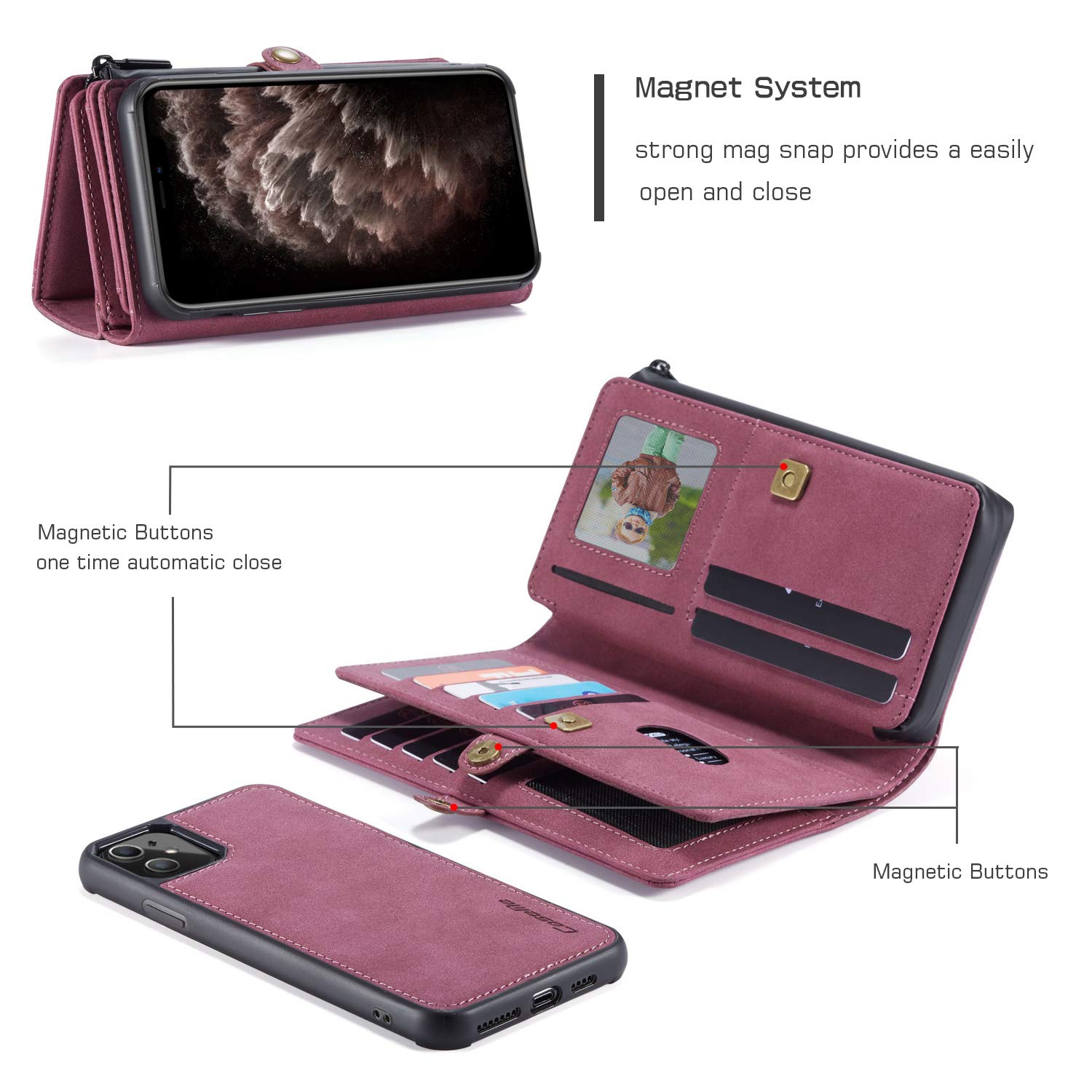Premium iPhone 11 Pro Max Leather Wallet Case - Detachable Magnetic Zipper Cover with 18 Credit Card Slots, Cash Clip & Wrist Strap | Flip Phone Purse for Men & Women (Red) | Perfect for Travel, Work & Everyday Protection