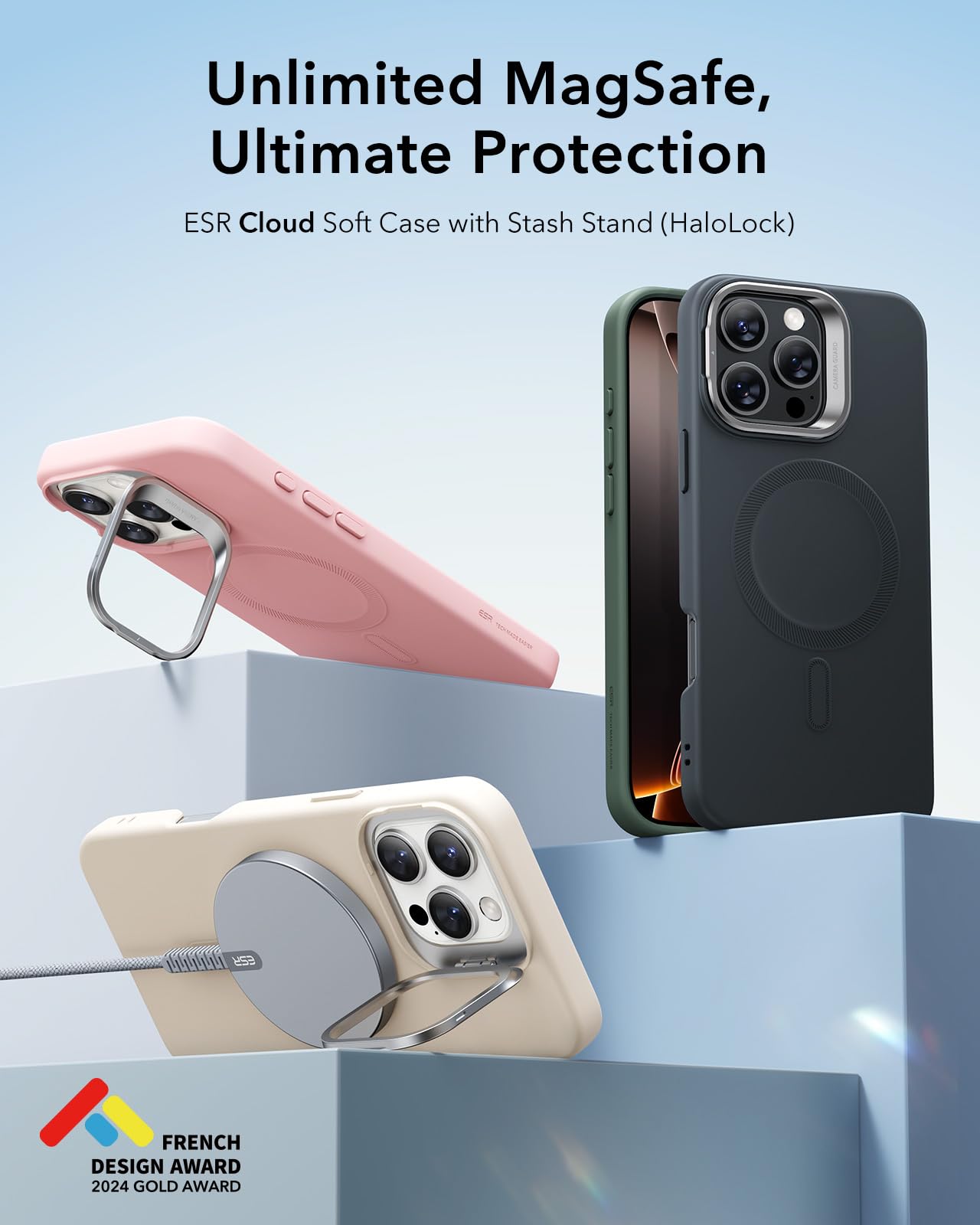 ESR for iPhone 16 Pro Max Case - Magnetic Silicone Phone Cover with Stand & MagSafe Compatibility, Built-in Camera Stash Stand, Protective Green Case (Cloud Series) - Perfect for Work, Travel, and Everyday Use