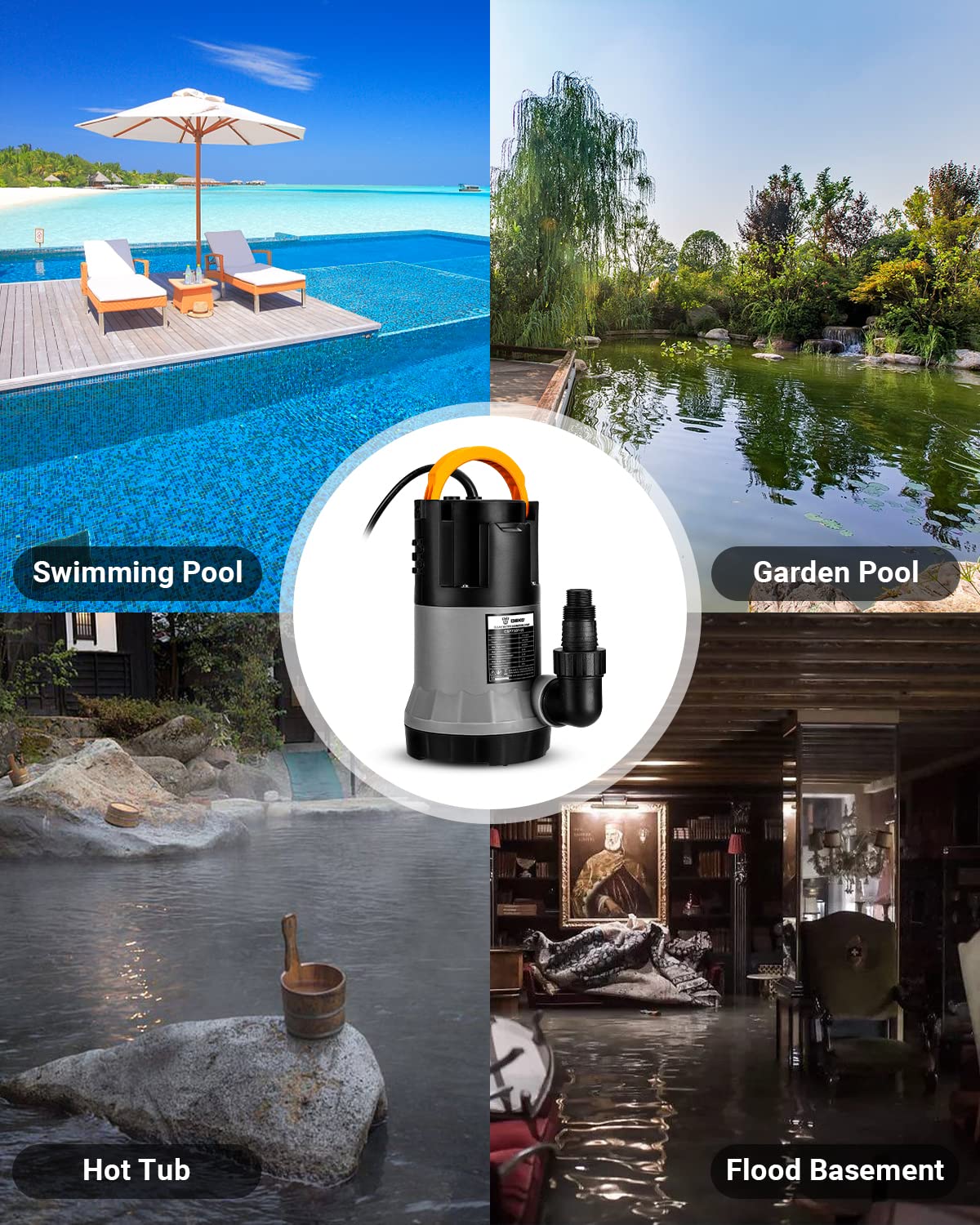 DEKOPRO 1HP Submersible Water Pump 3302GPH 750W - Portable Electric Utility Pump for Swimming Pools, Tubs, Garden Ponds - 16ft Power Cord - Ideal for Water Transfer, Drainage & Irrigation