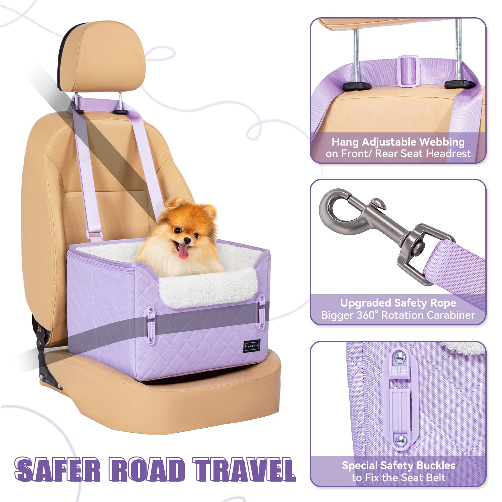 **Petsfit Small Dog Car Seat Booster - Portable Pet Travel Carrier with Clip-On Leash & Adjustable Straps for Small Dogs Up to 25lbs (Lavender Purple) - Perfect for Road Trips & Safe Car Rides**