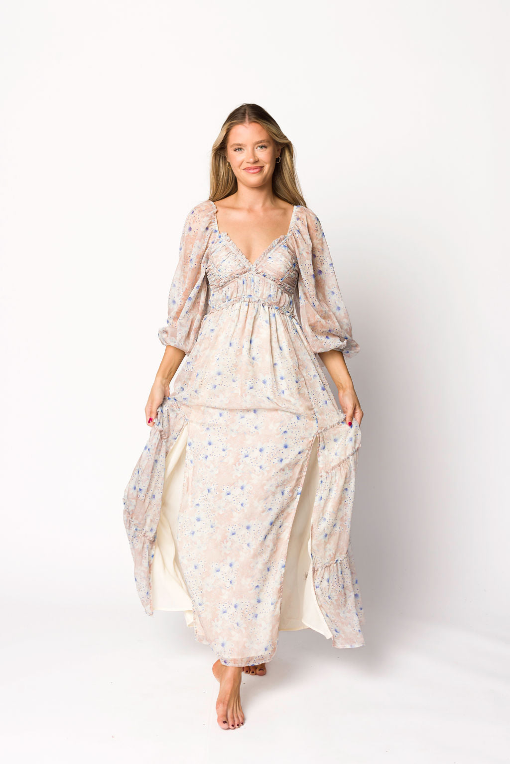 Bump Friendly Daphne Long Sleeve Maxi Dress - Floral Maternity Dress in Beige & Blue, Inclusive Sizing XS to 3XL | Perfect for Pregnancy, Nursing, and Special Occasions