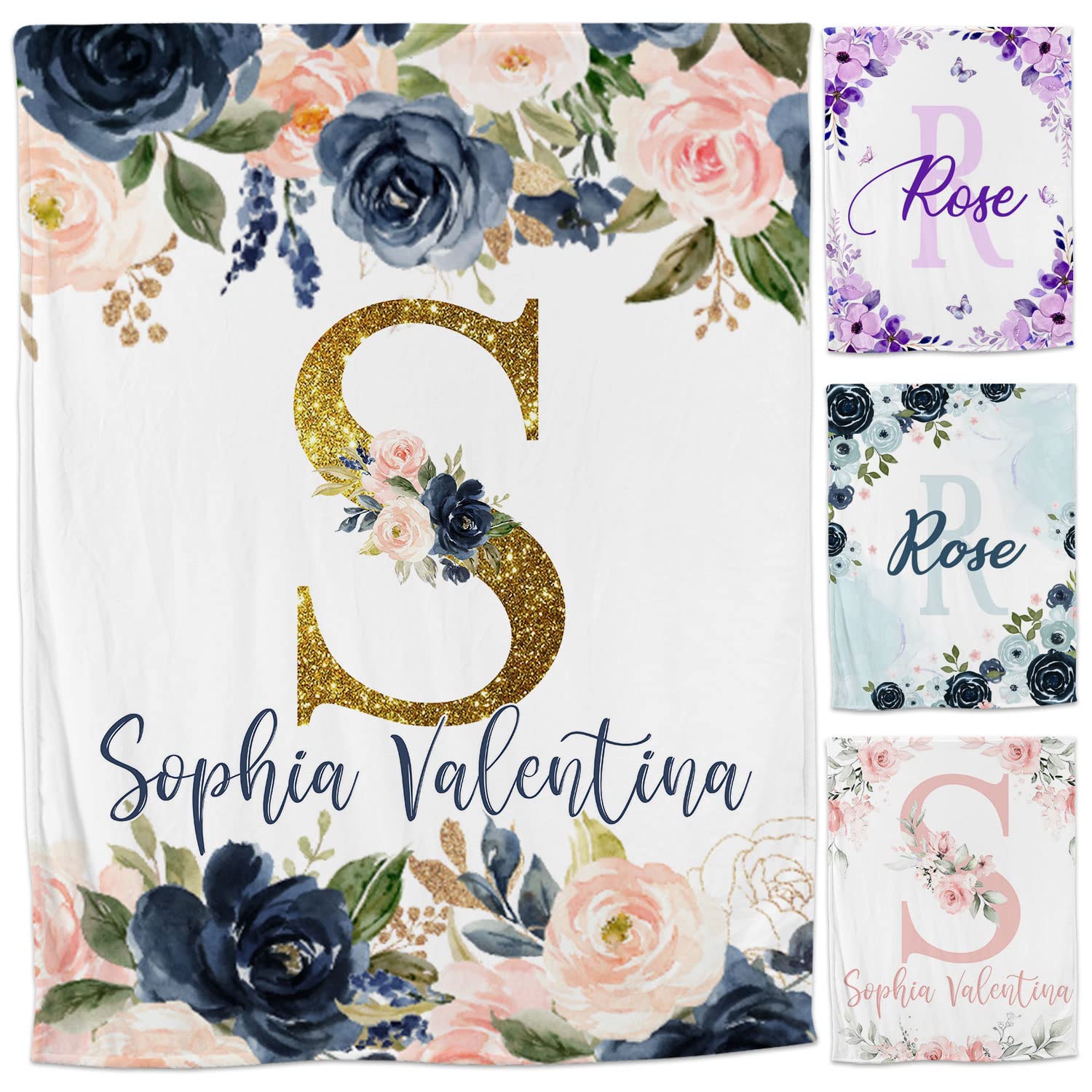 Personalized Baby Girl Blanket - Custom Monogram Name Blanket for Newborns & Infants | Floral Watercolor Design | Perfect for Nursery, Christening & Photo Props