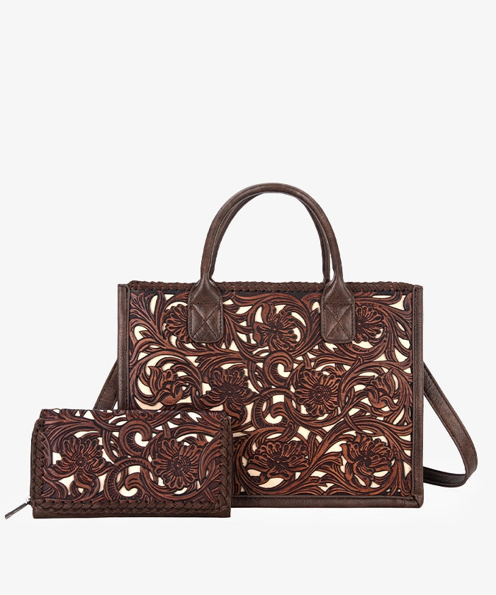 Trinity Ranch Genuine Leather Tooled Tote Bag - Western Style Handbag for Women, Perfect for Work, Travel and Everyday Use