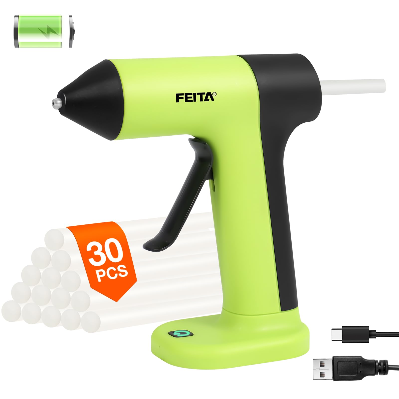 FEITA USB-C Rechargeable Cordless Hot Glue Gun Kit - 40S Fast Heating, 30 Mini Glue Sticks Included - Perfect for DIY Crafts, Home Repairs, School Projects & Holiday Decorations