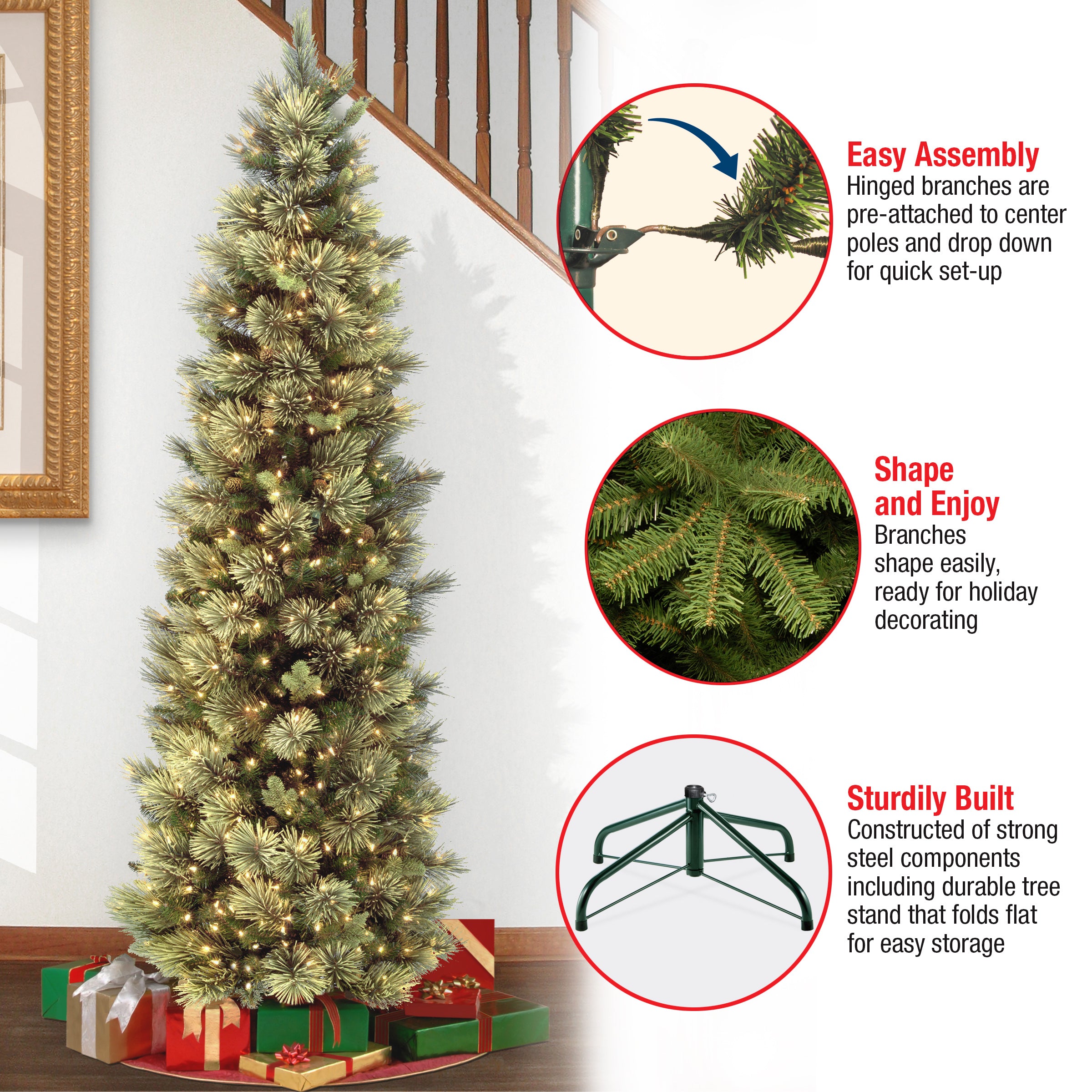 7.5 ft Pre-Lit Carolina Pine Slim Christmas Tree with 500 Clear LED Lights - Perfect for Small Spaces, Apartments & Holiday Decor