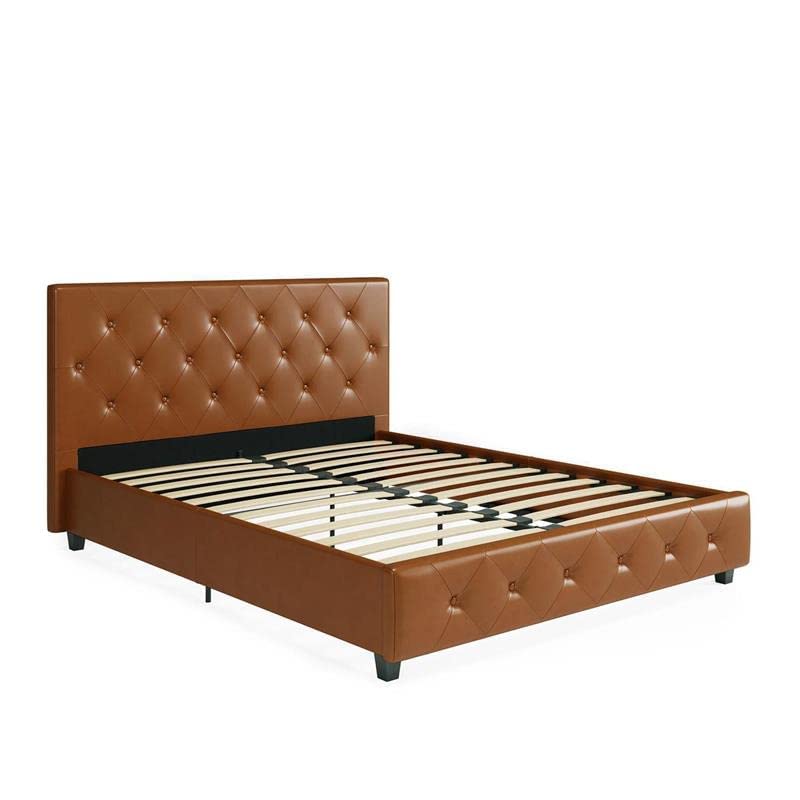 DHP Dakota Upholstered Full Size Platform Bed with Diamond Button Tufted Headboard & Footboard, No Box Spring Needed, Camel Faux Leather - Perfect for Modern Bedroom, Guest Room & Small Space Living