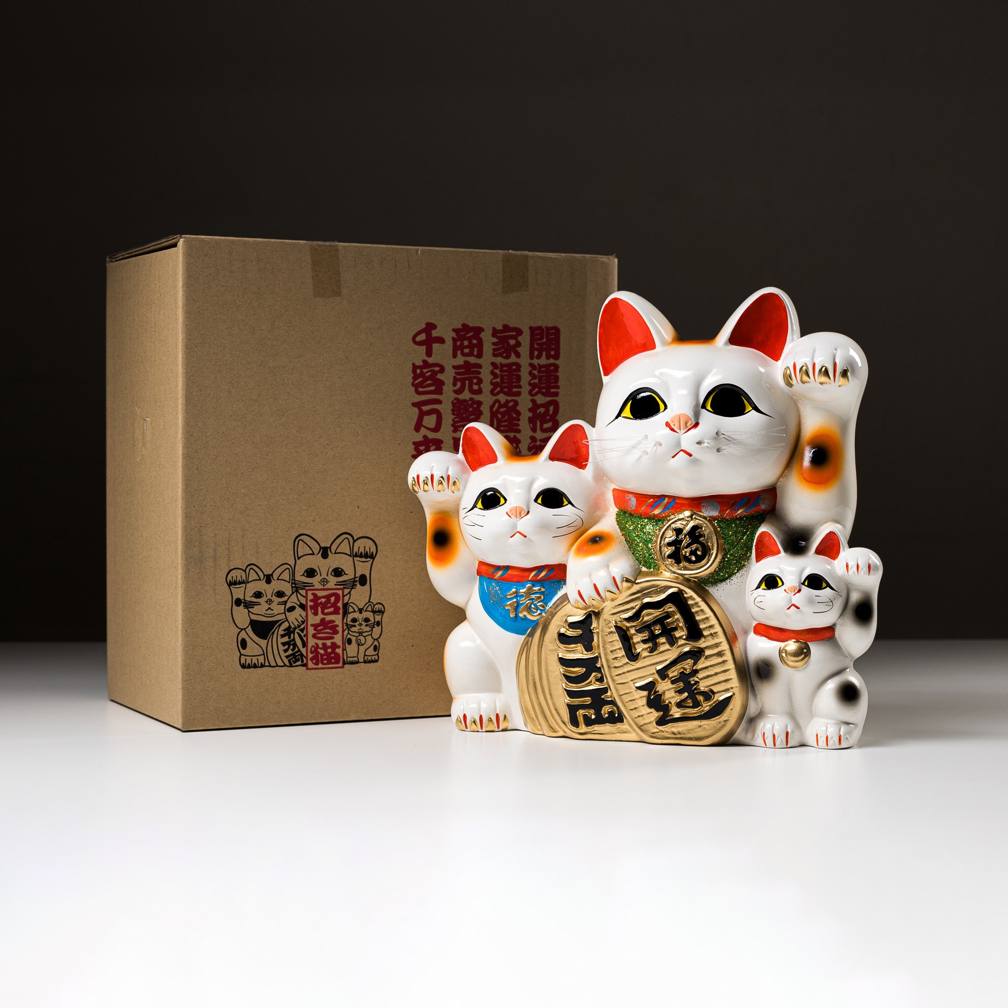 Tokonome Ware Lucky Cat Ornament Trio - Japanese Maneki Neko Figurine Set for Home & Office Decor, Good Fortune Gift for Housewarming, Business Success & Wealth Attraction