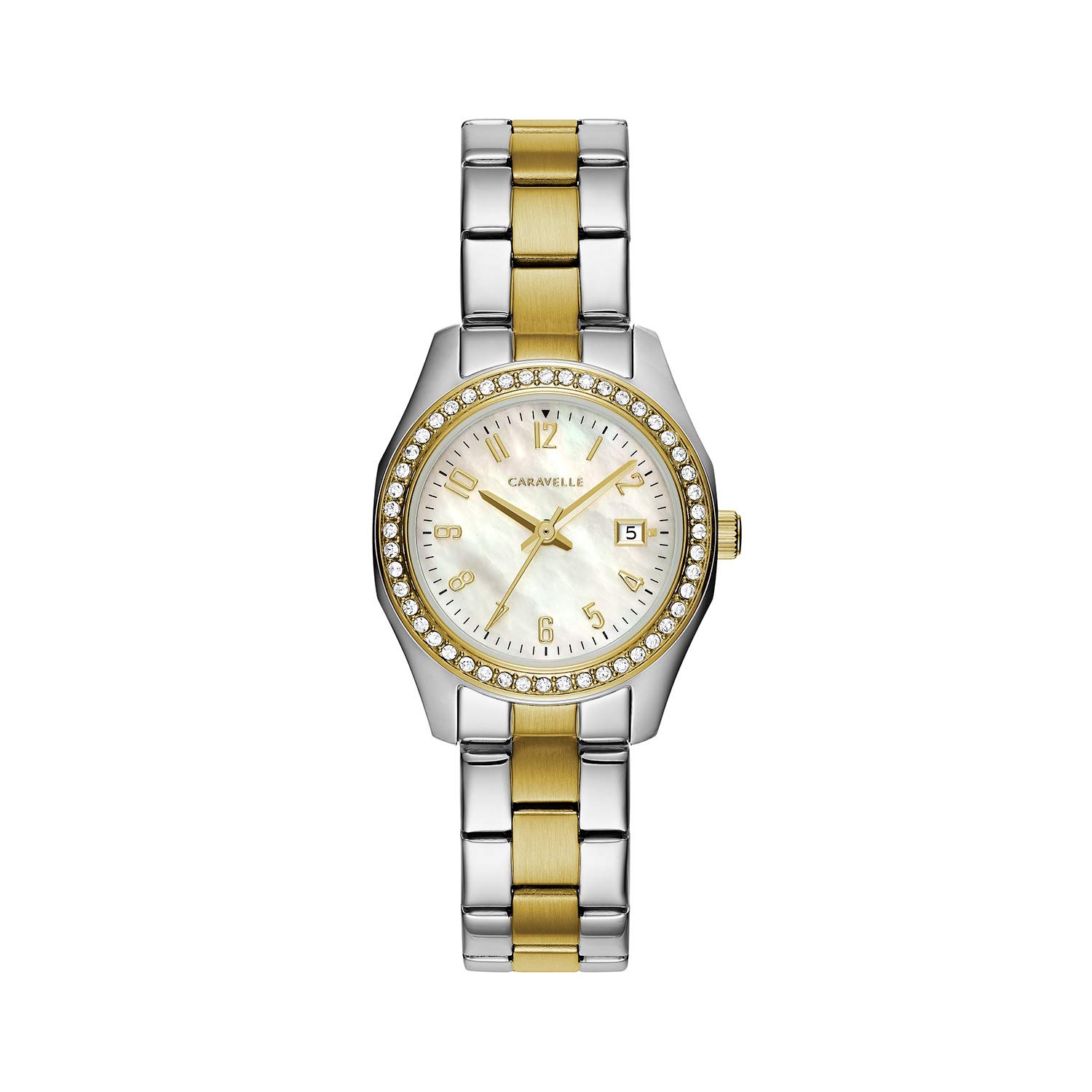 Bulova Caravelle Ladies' Petite Sport Watch with Date - 3-Hand Movement, Crystal Accents & Arabic Markers - 28mm Silver-Tone Stainless Steel - Perfect for Work, Gym & Everyday Wear