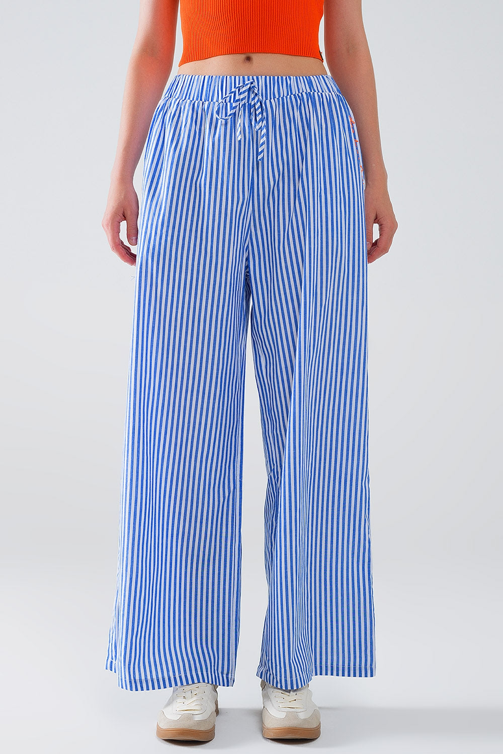 Blue Striped Elastic Waist Pants with Pockets - Comfortable Casual Wear for Work, Travel & Everyday Outfits