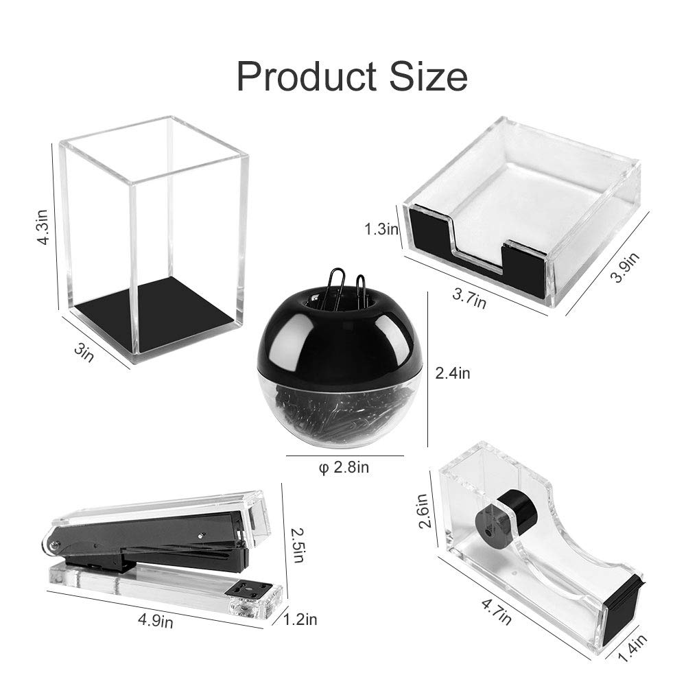 Premium Acrylic Desk Organizer Set - Tape Dispenser, Stapler, Sticky Notes Tray, Magnetic Paper Clip Holder & Pen Pencil Organizer - Modern Office Supplies for Home & Workspace (Lucid Black) - Perfect for Desk Organization, School Supplies & Office Decor