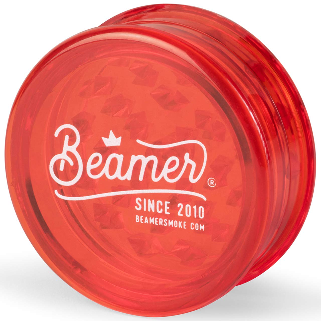 Beamer Crown Logo 3-Piece 63mm Acrylic Herb Grinder - Transparent Red with Bonus Smoke Sticker | Perfect for Grinding Herbs & Spices | Great for Home Use, Travel & Outdoor Activities