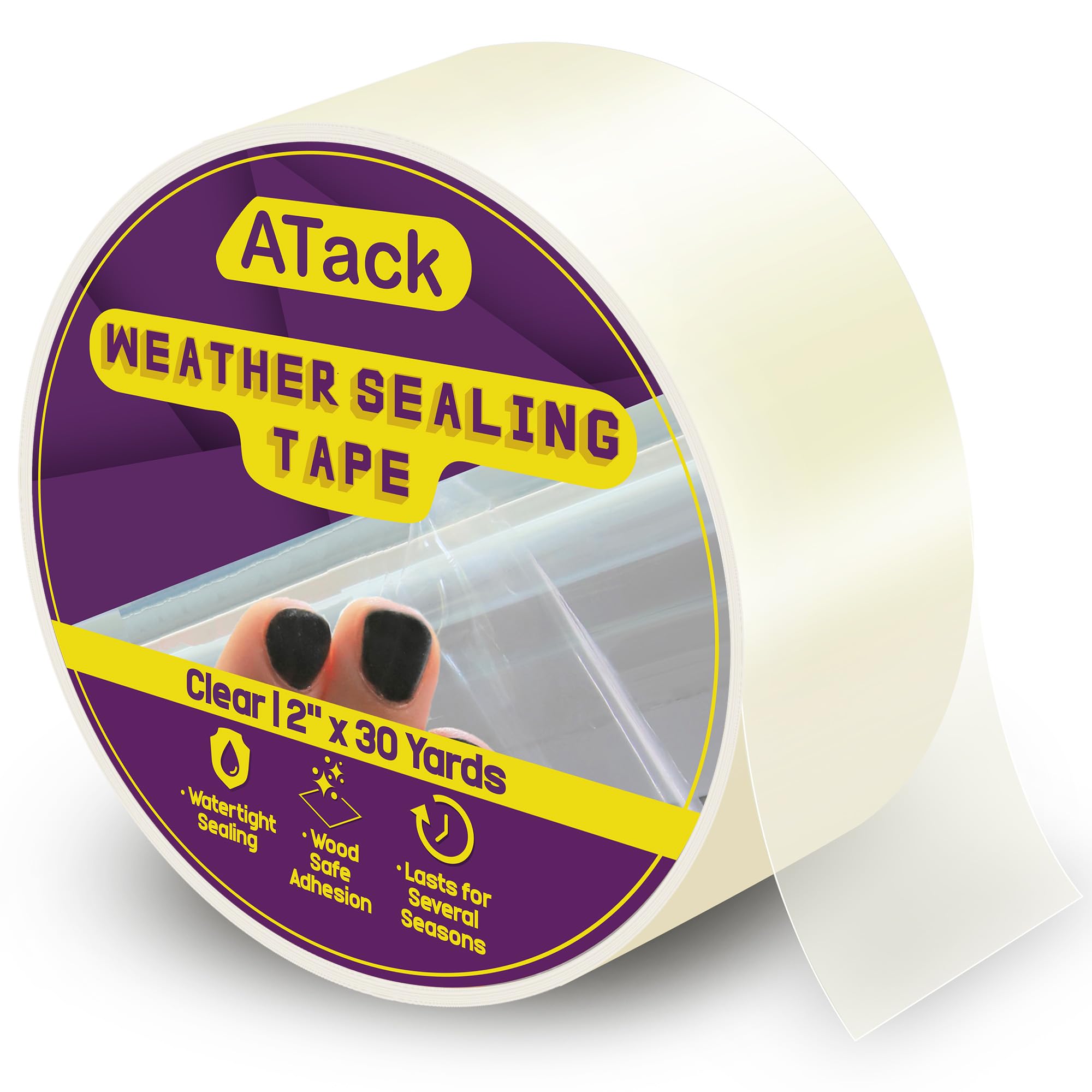 ATack 2-Inch x 30 Yards Clear Window Weather Sealing Tape - No Residue, Surface-Safe, Wood-Safe, Removes Cleanly - Perfect for Draft Proofing Windows, Doors and Home Insulation in Winter