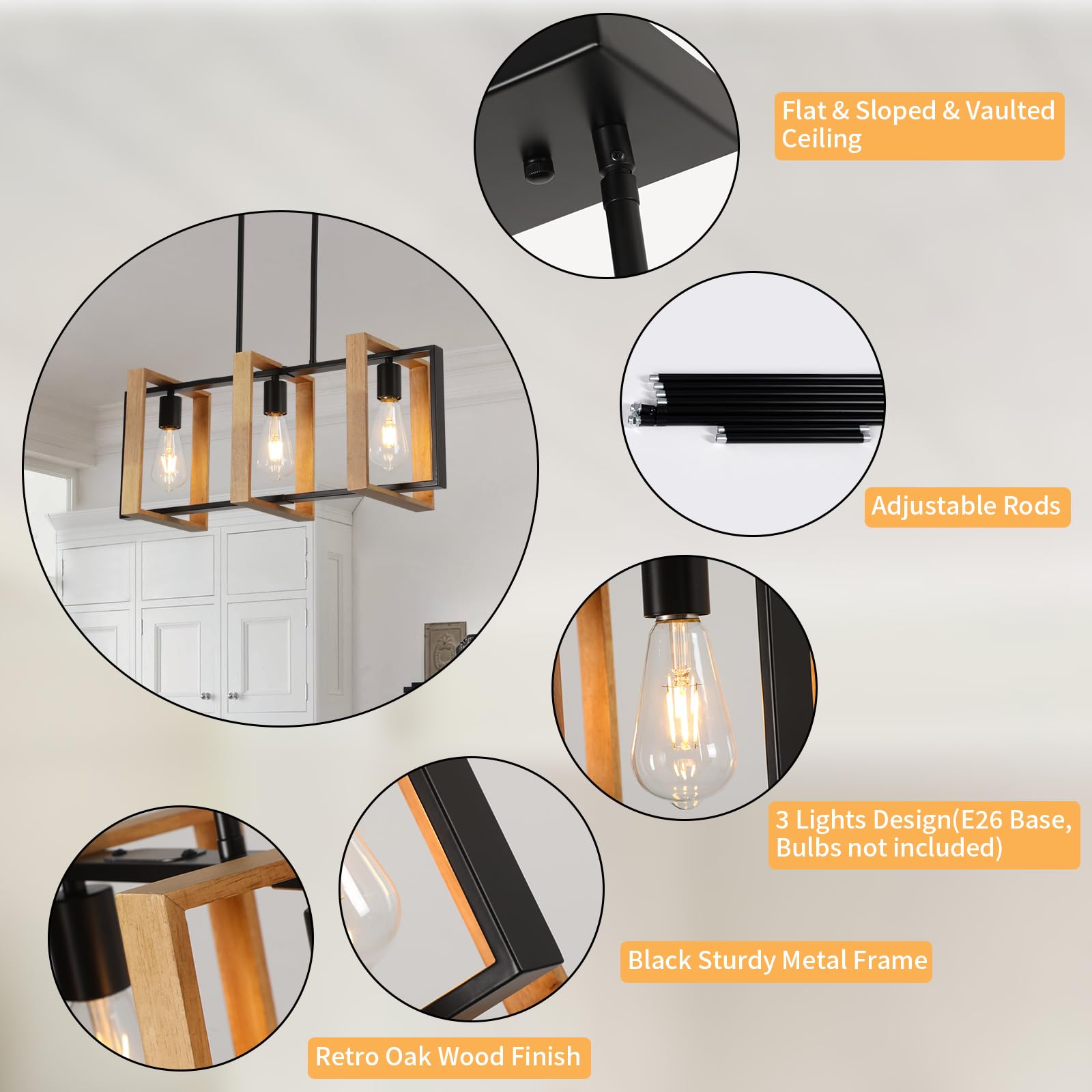 Farmhouse Kitchen Island Pendant Lights - Adjustable 3-Light Black Wood Hanging Fixtures for Modern and Rustic Kitchen Decor