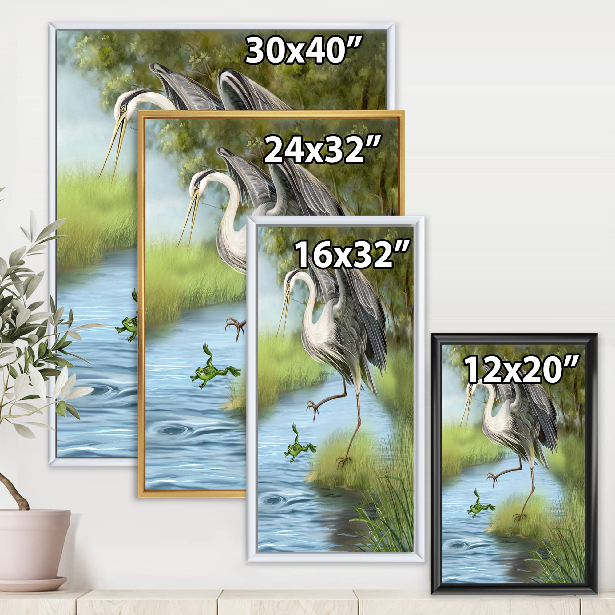 Farmhouse Framed Canvas Wall Art Print - DesignQ Crane Hunting A Frog In The Water - Perfect for Living Room, Bedroom & Office Decor