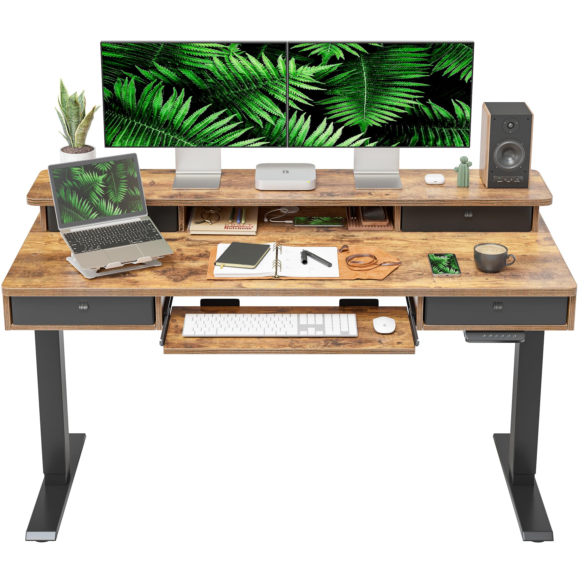 FEZIBO 55 x 24 Inch Electric Height Adjustable Standing Desk with 4 Drawers, Keyboard Tray & Storage Shelf - Rustic Brown Sit Stand Workstation for Home Office, Gaming & Study