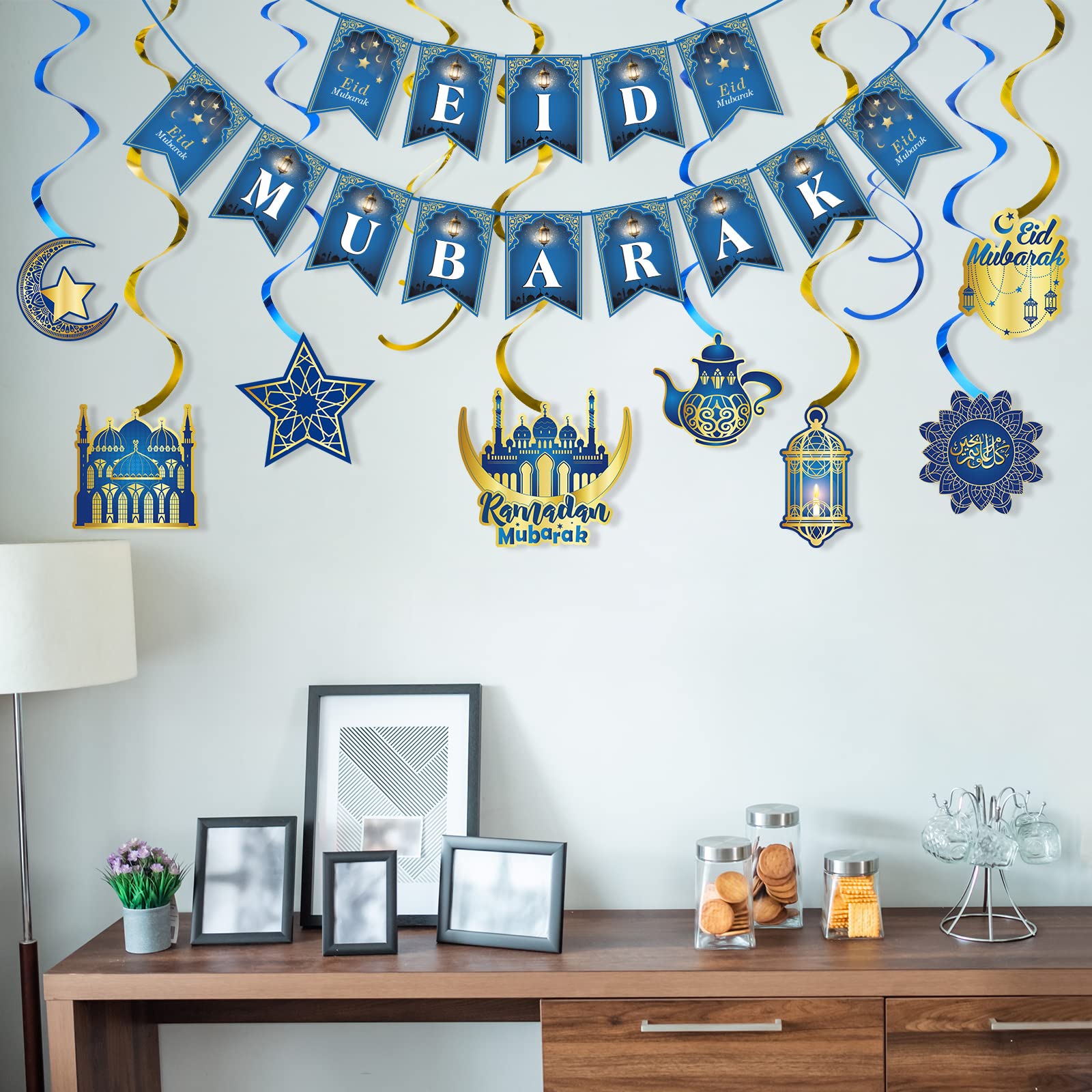 Eid Mubarak Party Supplies Set - 24-Piece Ramadan Tableware Kit with Plates, Napkins, Cups, Cutlery, Banner & Tablecloths - Blue Muslim Celebration Decor for Iftar Dinners & Family Gatherings