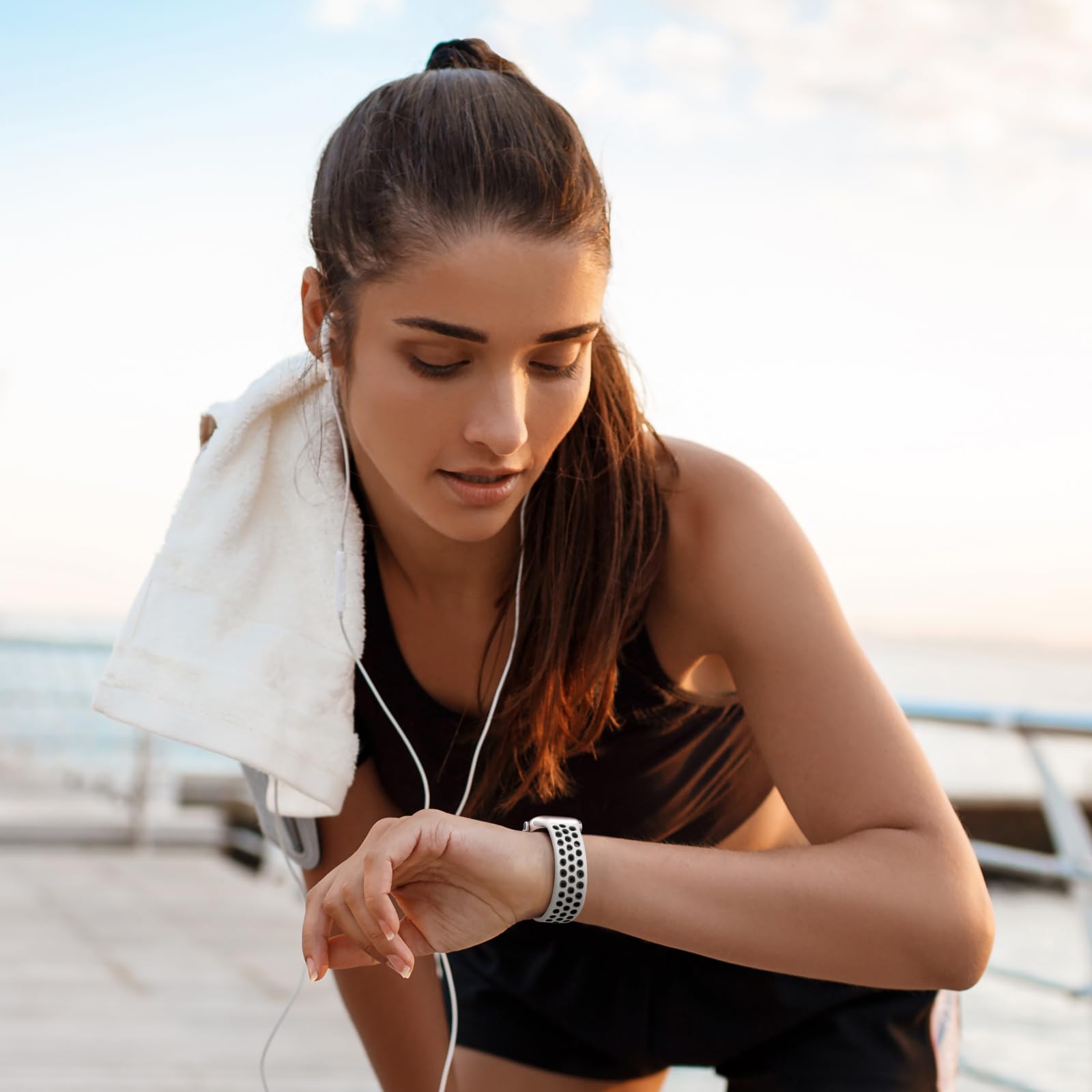 Breathable Soft Silicone Sport Loop Strap Compatible with Apple Watch 40mm 41mm 38mm - iWatch Series 9/8/7/6/5/4/3/2/1/SE/Ultra - Adjustable Band for Women & Men (White/Black) - Perfect for Running, Gym & Daily Wear