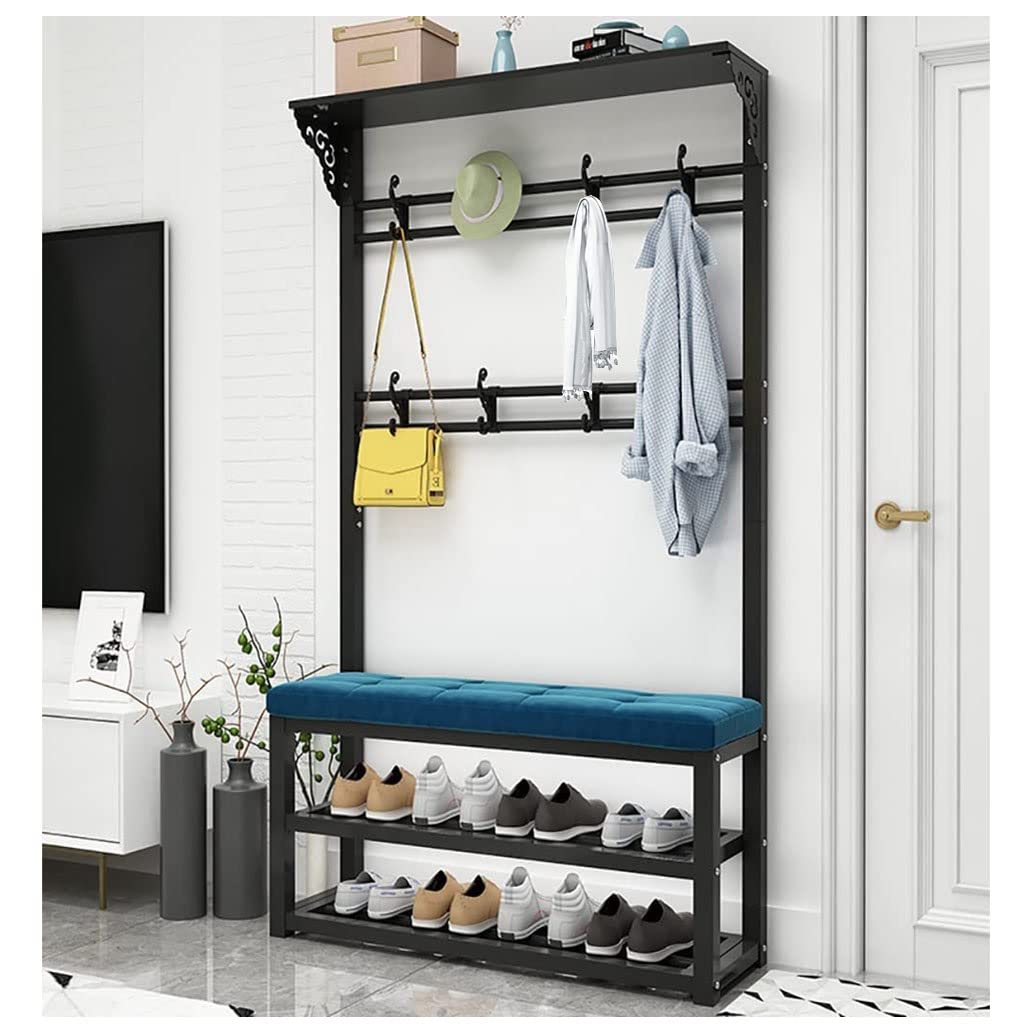 3-in-1 Entryway Coat Rack Shoe Bench with 3-Tier Storage Shelves, 8 Hooks & Seat Cushion - Metal Frame Hall Tree for Coats, Shoes, Hats & Keys (80x30x172cm, Black) - Perfect for Bedroom, Living Room & Entryway Organization