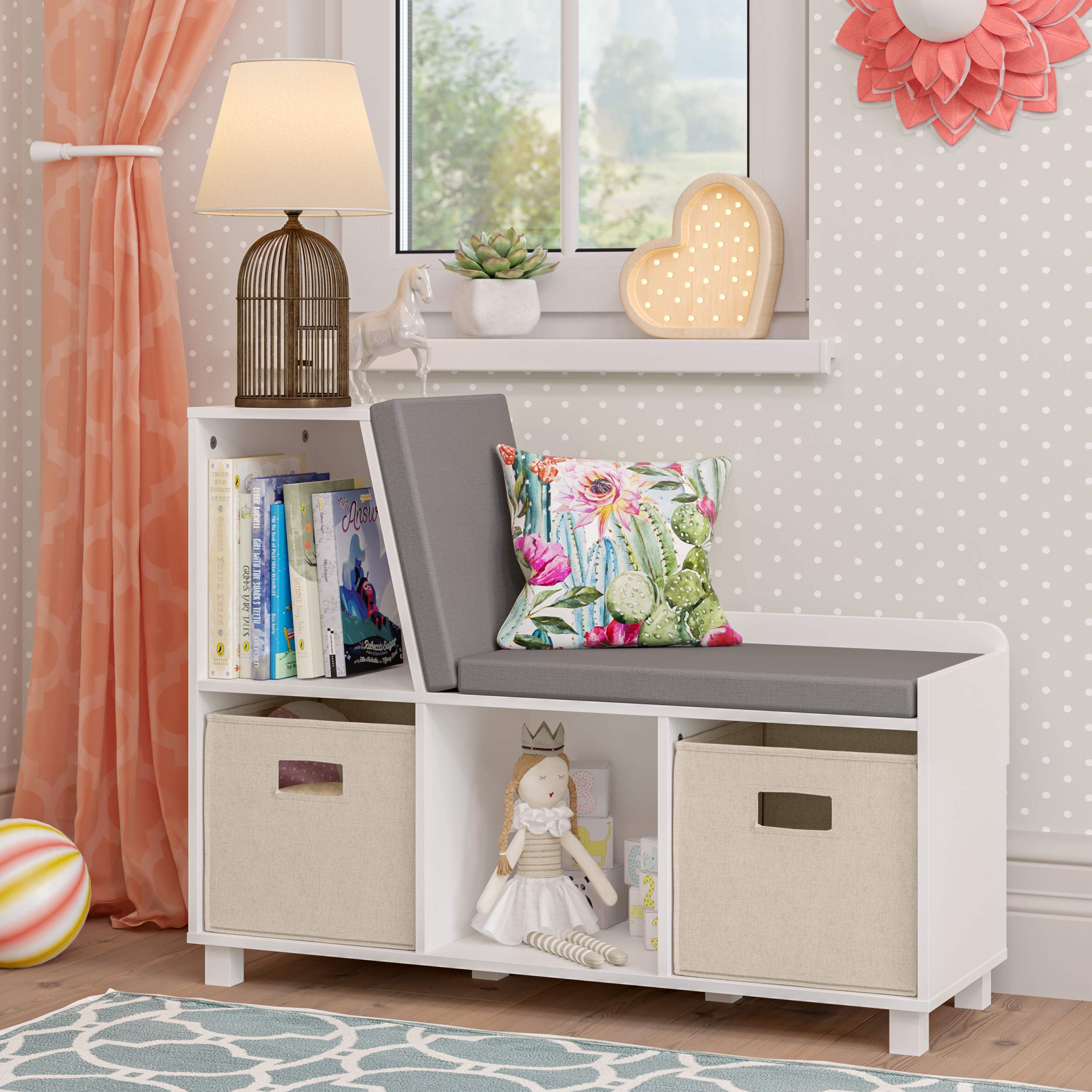 RiverRidge Kids Book Nook Storage Bench with Comfy Cushioned Seat & White Cubby Organizer - Includes Taupe Bins for Toy Storage, Perfect for Reading Corners, Playrooms & Bedroom Organization