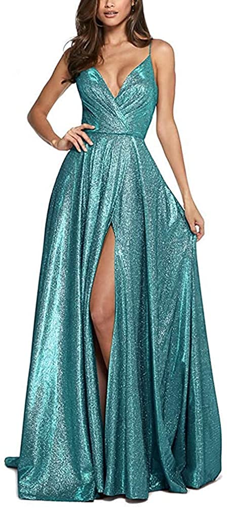 Yadressy Women's Long Glitter Prom Dress - V Neck Sleeveless Ball Gown A-Line Wedding Party Dress with Slit GY11 | Elegant Evening Gown for Homecoming, Quinceañera, Bridesmaid & Formal Events