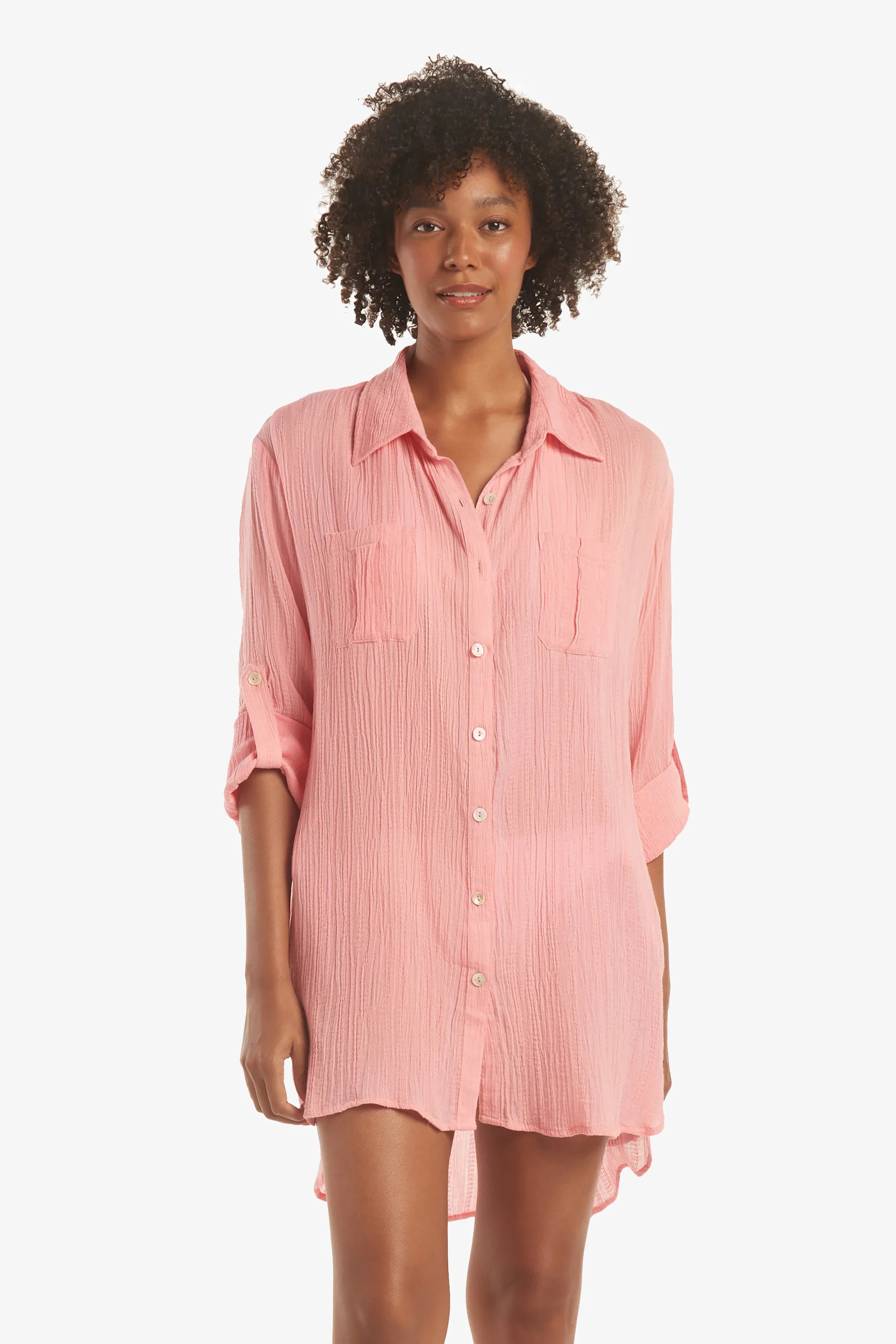 Soft Rose Relaxed Shirt Dress for Women - Comfortable Casual Long Sleeve Tunic Top for Everyday Wear, Office & Weekend Outings