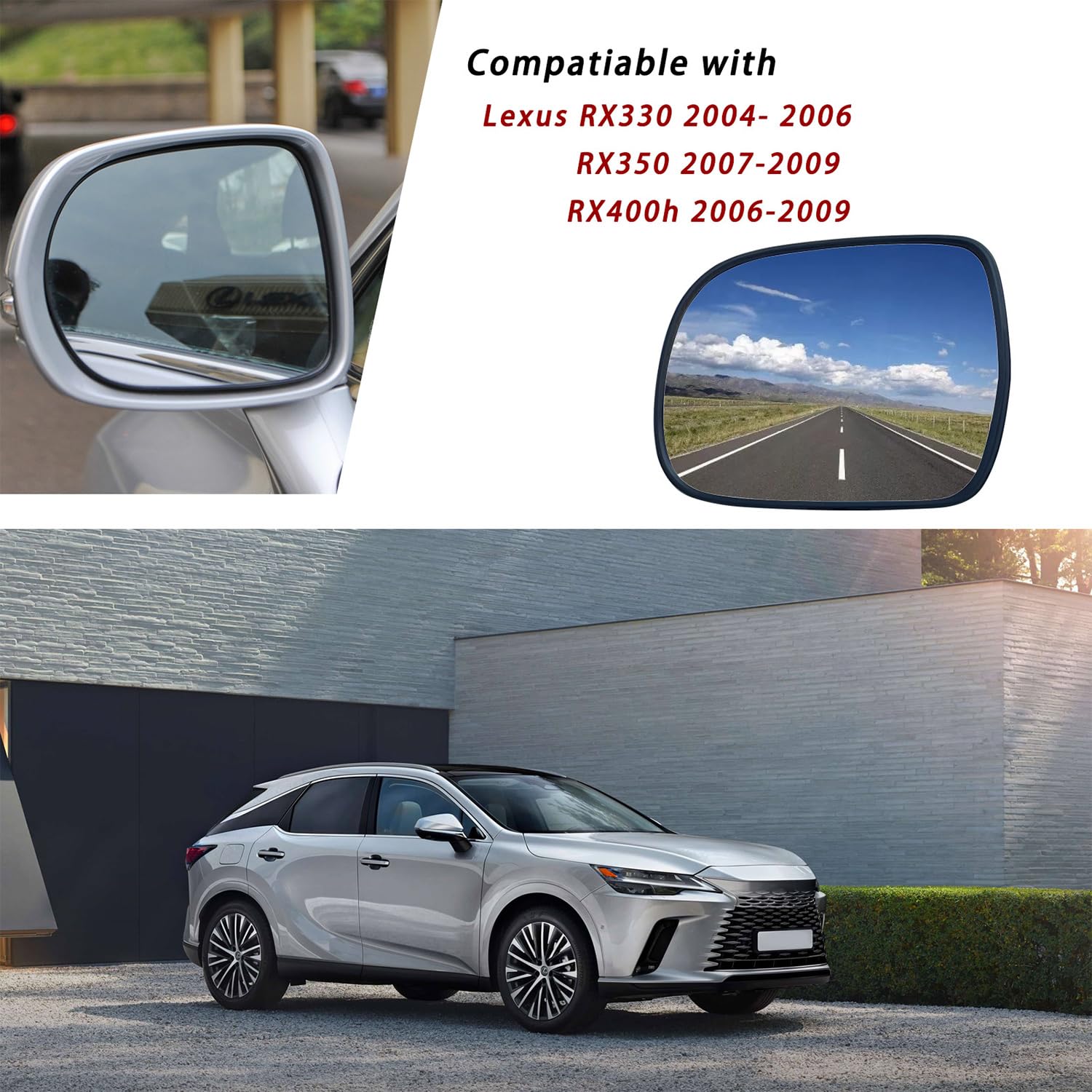 Power Heated Driver Side Mirror Glass Replacement for 2004-2009 Lexus RX330 RX350 RX400h - Left Convex Exterior Mirror with Backing Plate & Holder - Perfect for Winter Driving and Enhanced Visibility