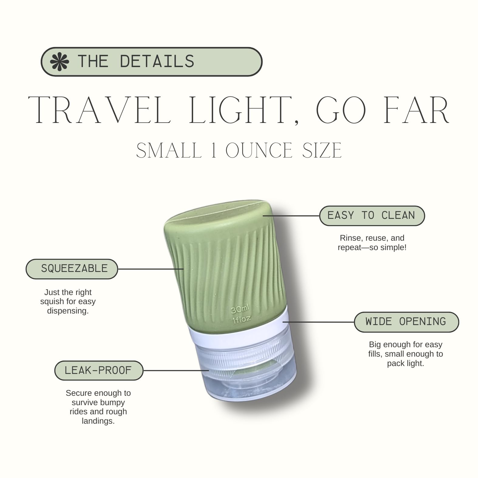 1oz (30ml) Leak Proof Travel Squeeze Bottles for Toiletries - TSA Approved Refillable Containers for Shampoo, Conditioner & Lotion (3-Pack, Sage Green) | Perfect for Air Travel, Gym & Camping Essentials
