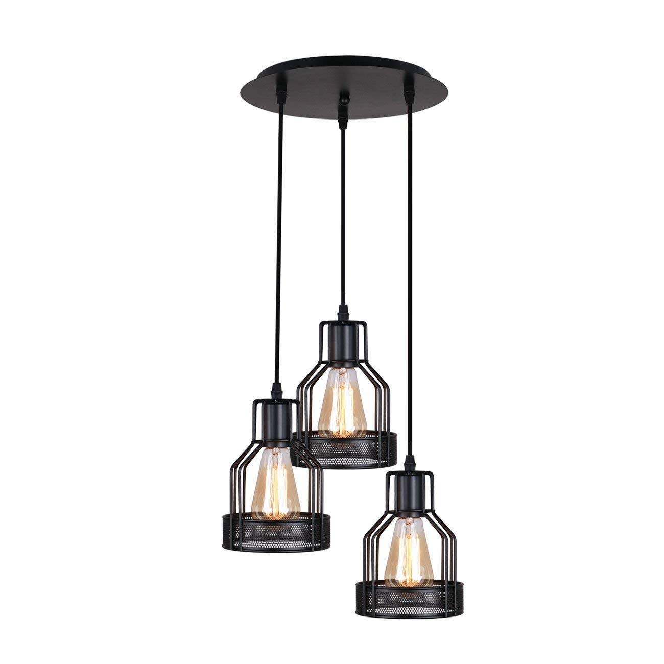 Vintage Industrial Metal Cage Pendant Light Fixture - 3-Light Rustic Hanging Chandelier for Kitchen, Dining Room, Bar & Farmhouse Decor | Perfect for Ambient Lighting Over Islands, Tables and Countertops