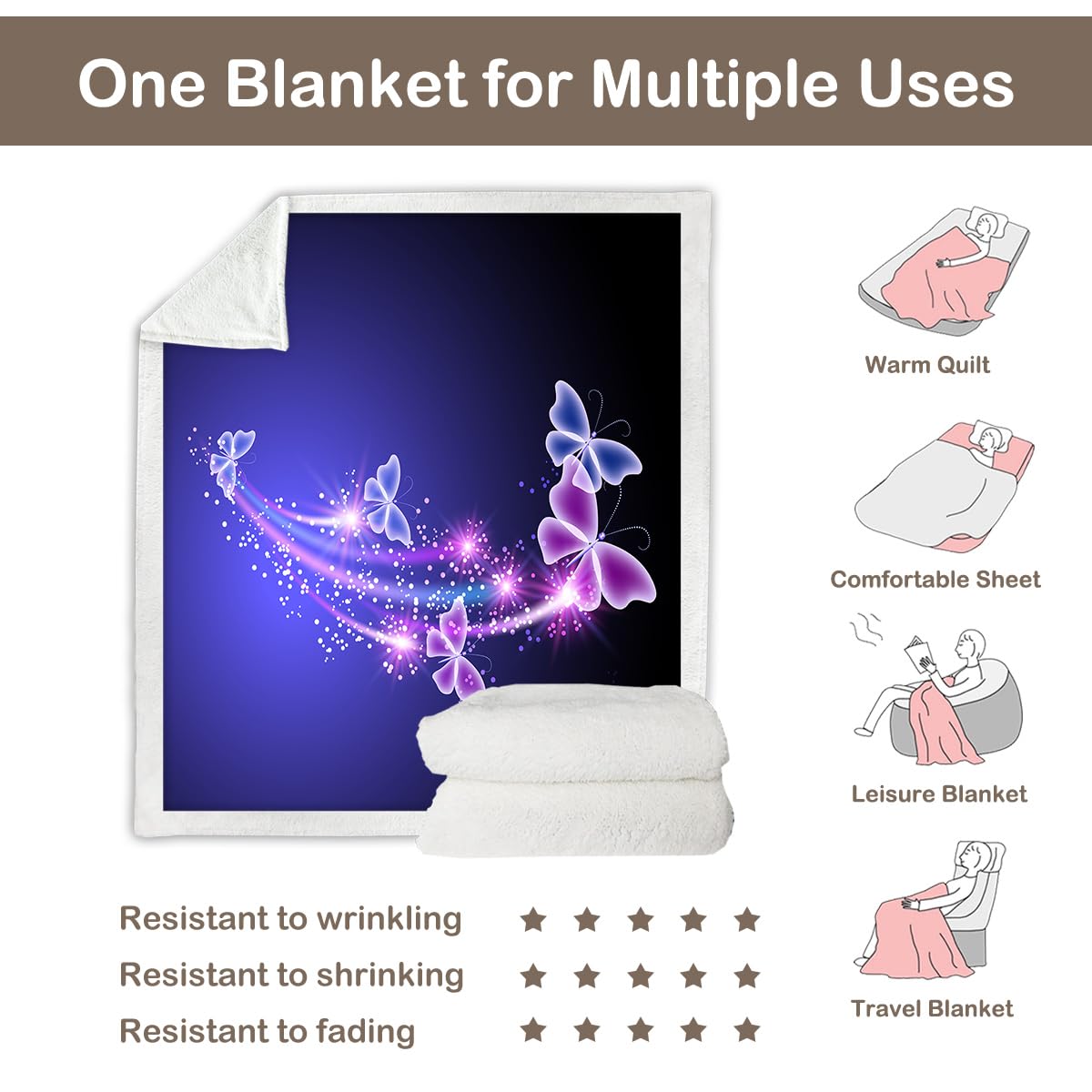 Sleepwish Blue Purple Fleece Throw Blanket - Soft Glowing Butterflies Sherpa Plush Blanket for Baby (30