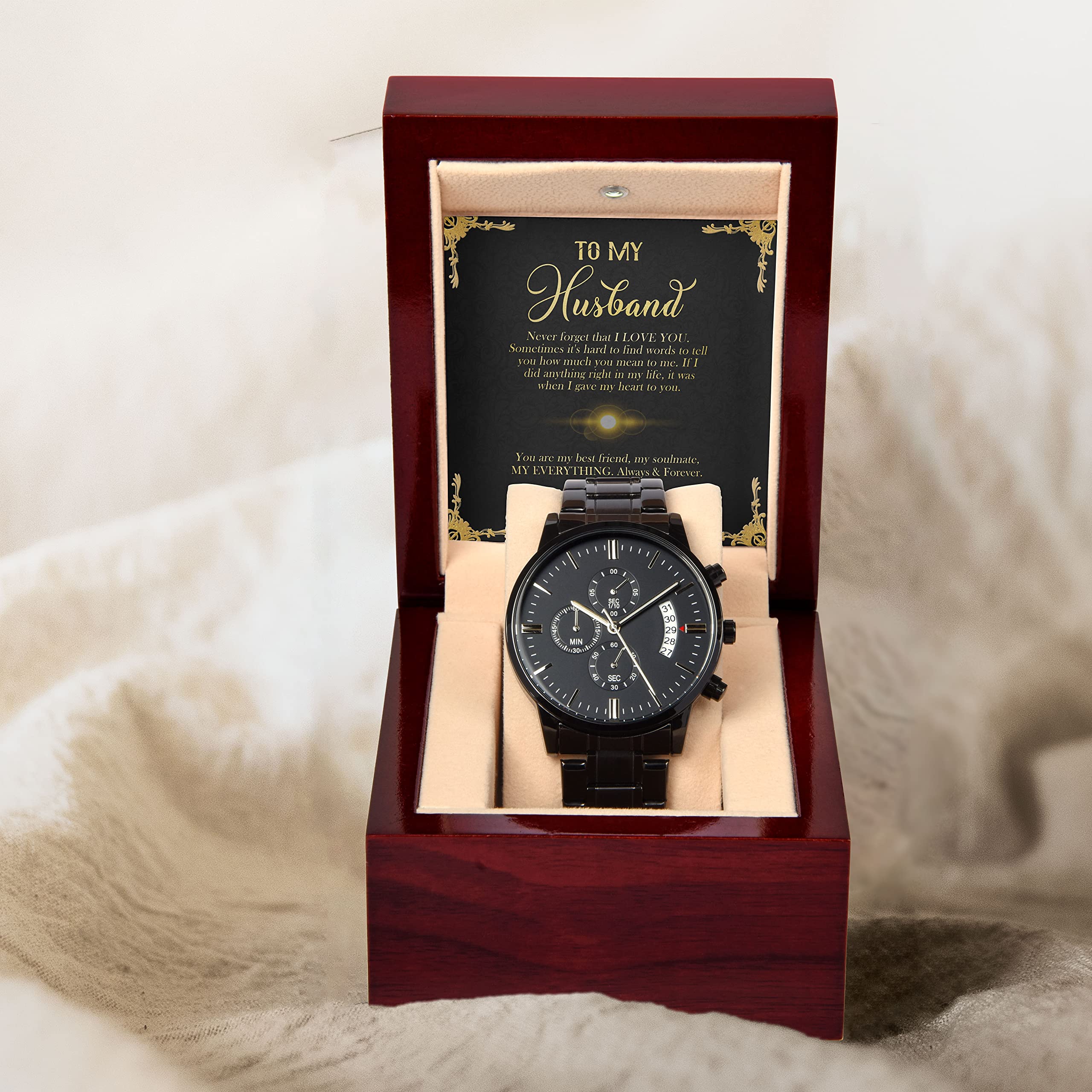 LOLUIS Men's Black Chronograph Watch - Elegant Anniversary & Birthday Gift for Husband - Engraved 'To My Husband' - Perfect for Formal Events, Date Nights & Special Occasions