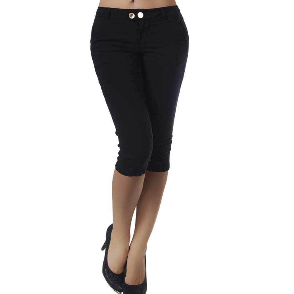 ZEFOTIM Women's Plus Size Casual Pants - Solid Color Button & Zipper Calf-Length Trousers for Work, Office & Everyday Wear
