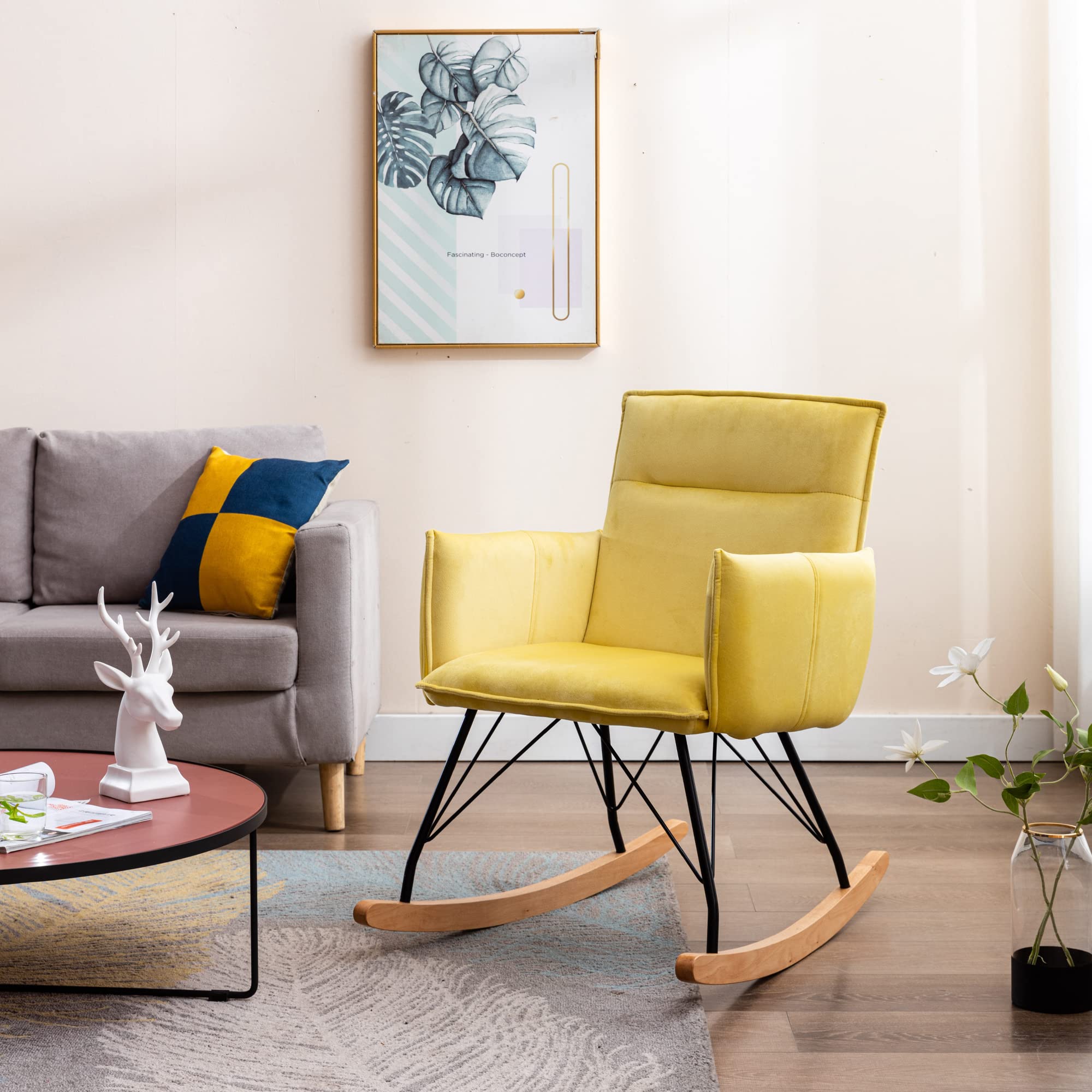 Modern Velvet Rocking Chair - Upholstered Accent Rocker with Comfortable Side Armrests for Living Room, Bedroom & Nursery - Soft Yellow Velvet Fabric - Perfect for Relaxing, Reading & Nursing