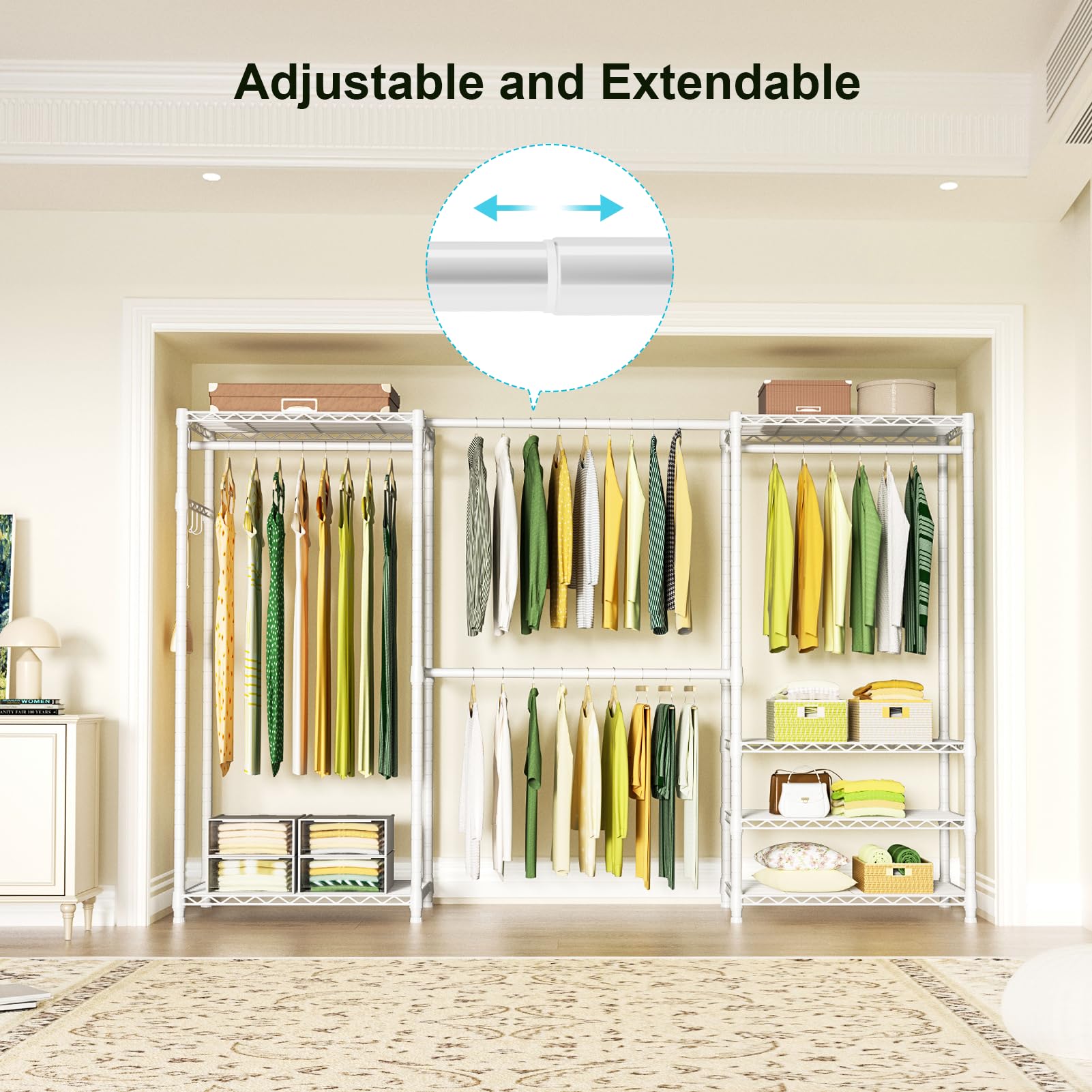 Heavy Duty 6-Tier Adjustable Metal Closet Garment Rack with 4 Hanger Rods - Freestanding Expandable Clothing Storage Organizer - Easy to Assemble Wardrobe (71.4