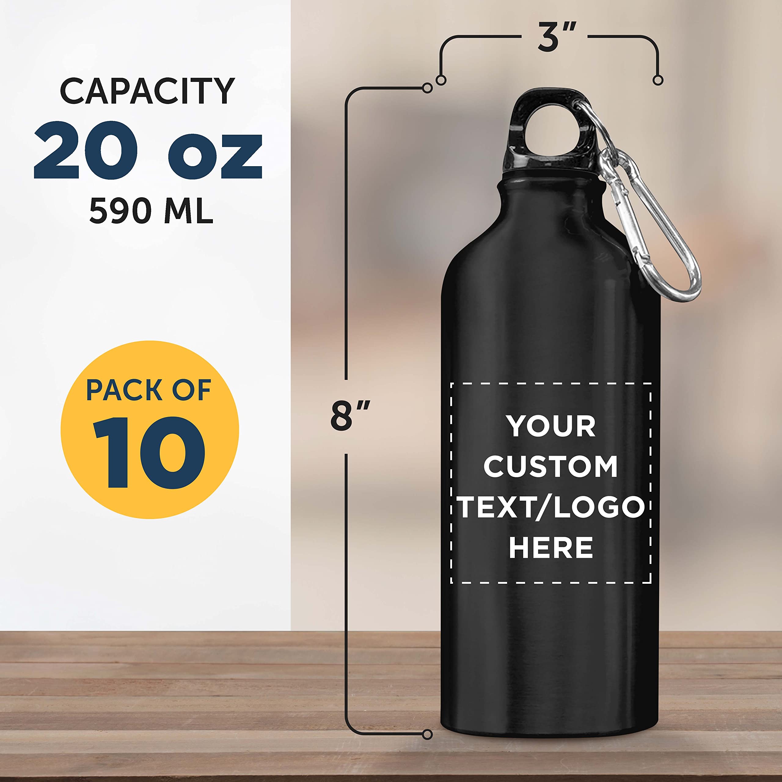 Custom 20 oz Aluminum Water Bottles Bulk Pack of 10 - Personalized Gym & Hiking Bottles for Sports, Camping, Office & Outdoor Activities - Black (BPA-Free Eco-Friendly)