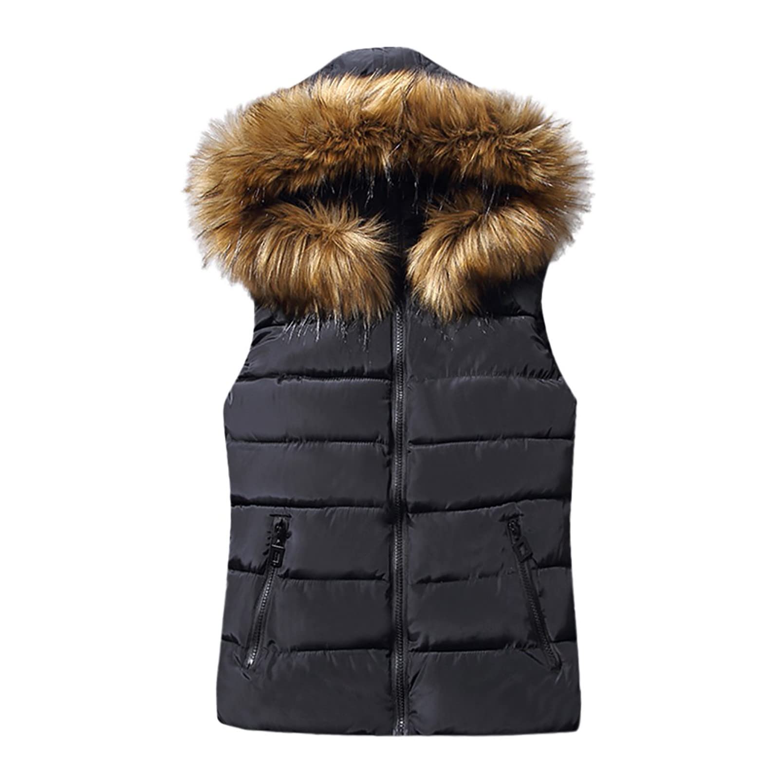 Women's Hooded Winter Gilet - Thickened Plus Size Sleeveless Jacket with Pockets | Zip Up Waistcoat Vest for Cold Weather | Warm Cotton-Padded Down Vest with Hair Collar | Perfect for Outdoor Activities, Work Commute & Casual Wear