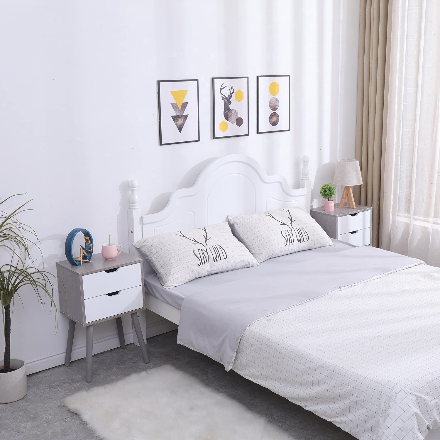 Modern Nightstand Set of 2 - Mid-Century Bedside Tables with 2 Drawers & Solid Wood Legs, Storage Cabinet for Bedroom & Living Room Furniture (Grey) - Perfect for Small Spaces, Guest Rooms & Apartment Decor