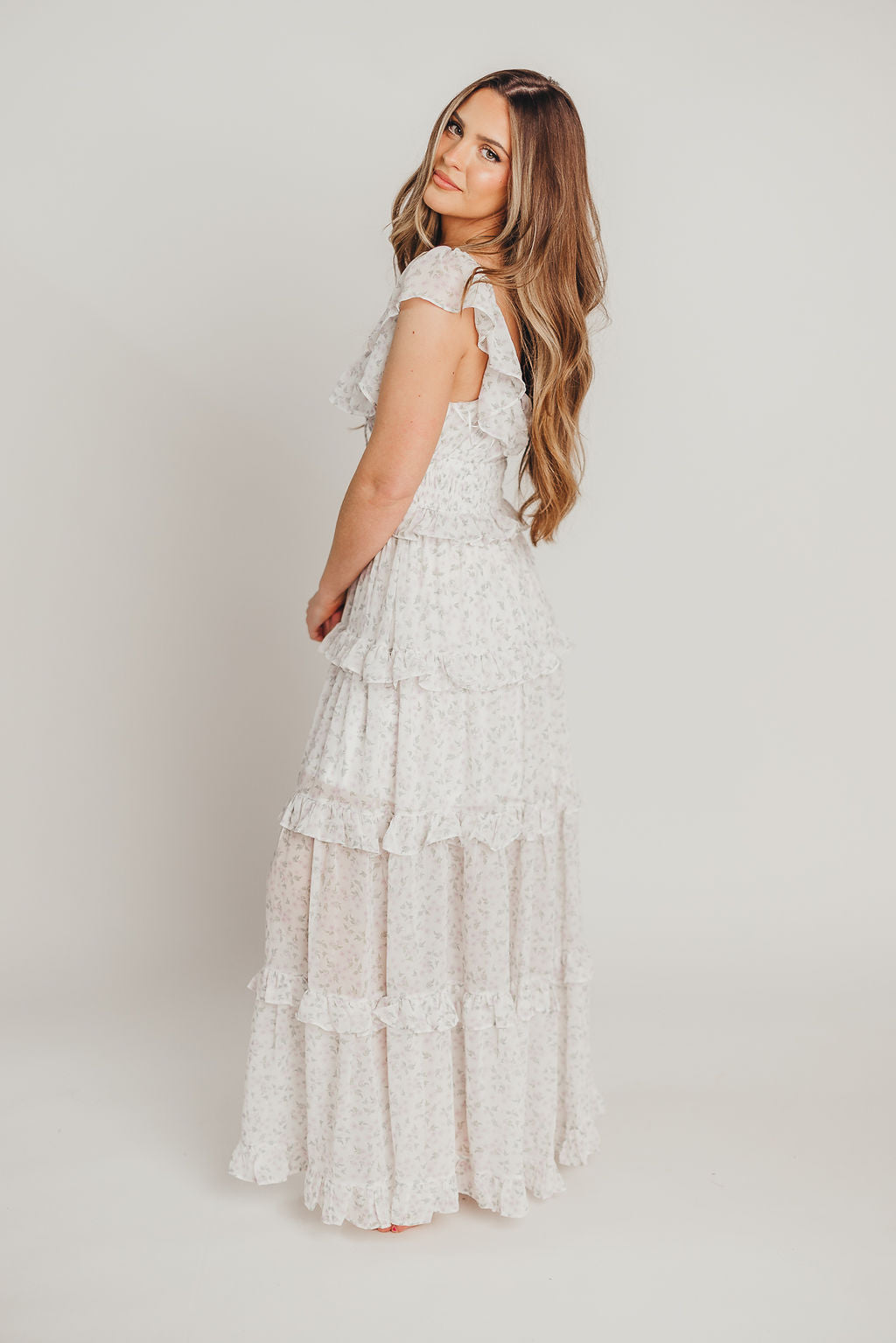 Astrid Ruffle Detail Maxi Dress - Lavender Floral Maternity Dress for Bump Friendly Comfort | Perfect for Baby Showers, Summer Weddings & Beach Vacations