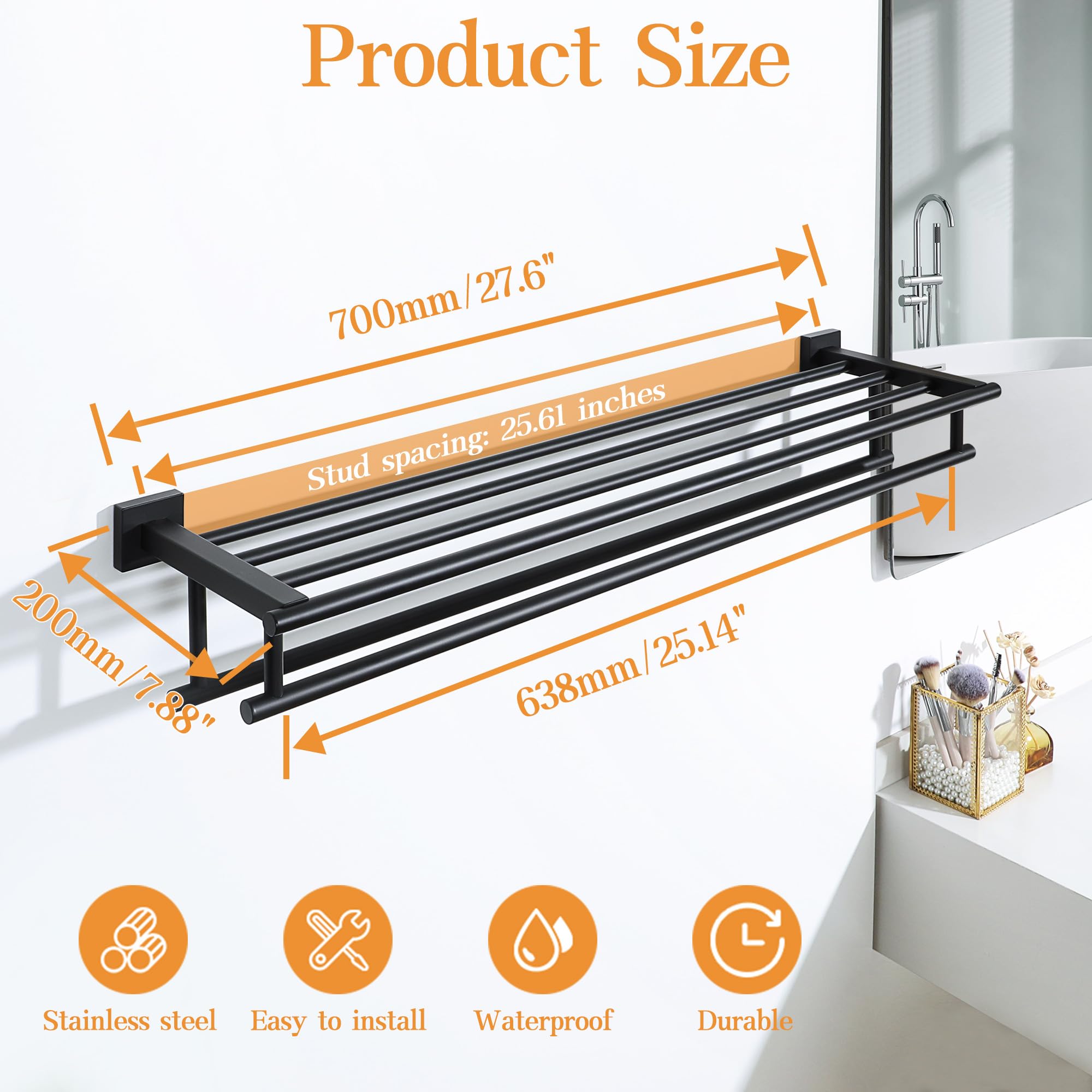 Stainless Steel Towel Rack 28 Inch - Double Towel Bars Wall Mounted Hanger for Bathroom & Lavatory - SUS304 Matte Black - Perfect for Towel Storage & Bathroom Organization