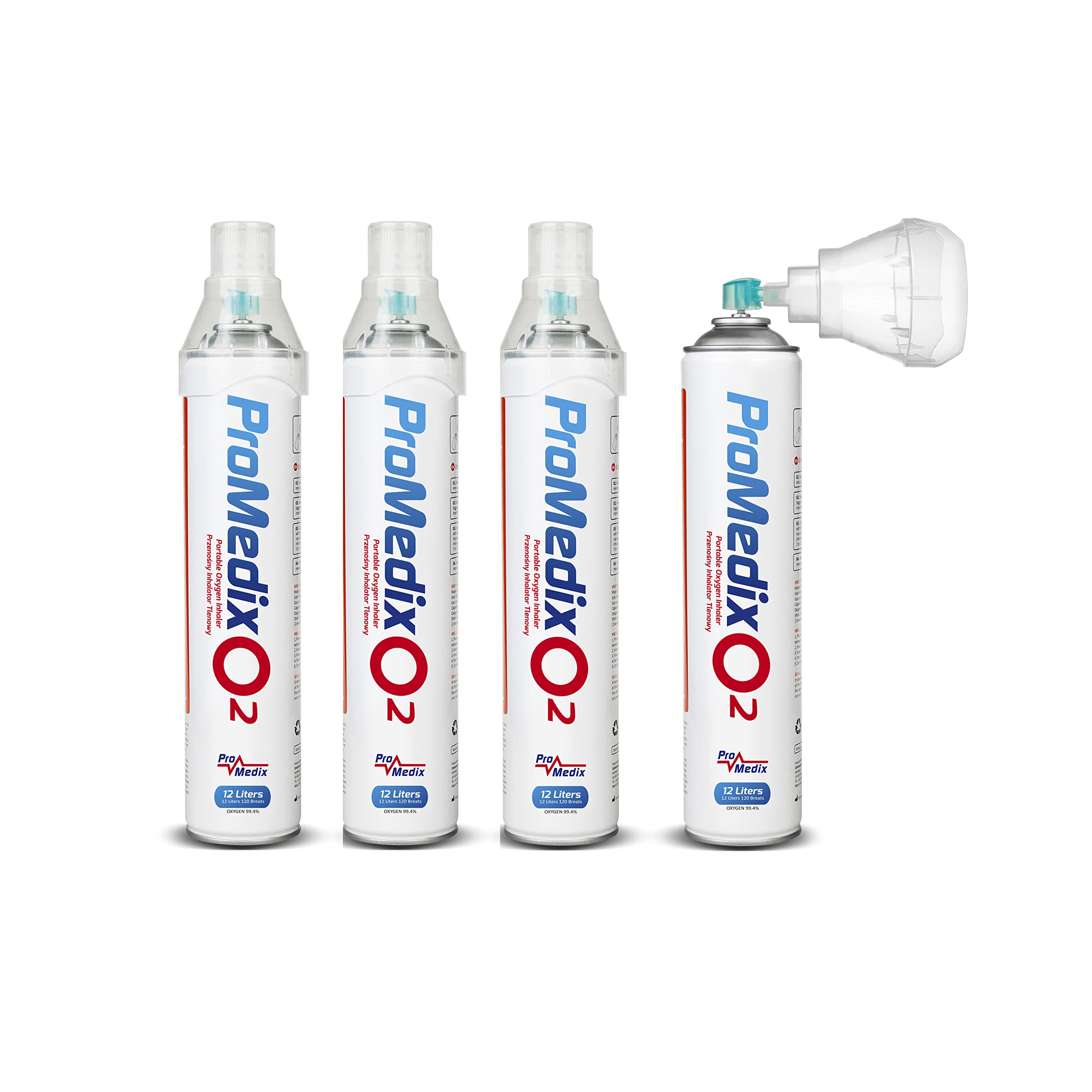 Promedix PR-994 Portable Oxygen Inhaler 12L Canister - 99.4% Pure Oxygen with Mouthpiece (4 Pack) - Perfect for Travel, Sports & High Altitude Activities