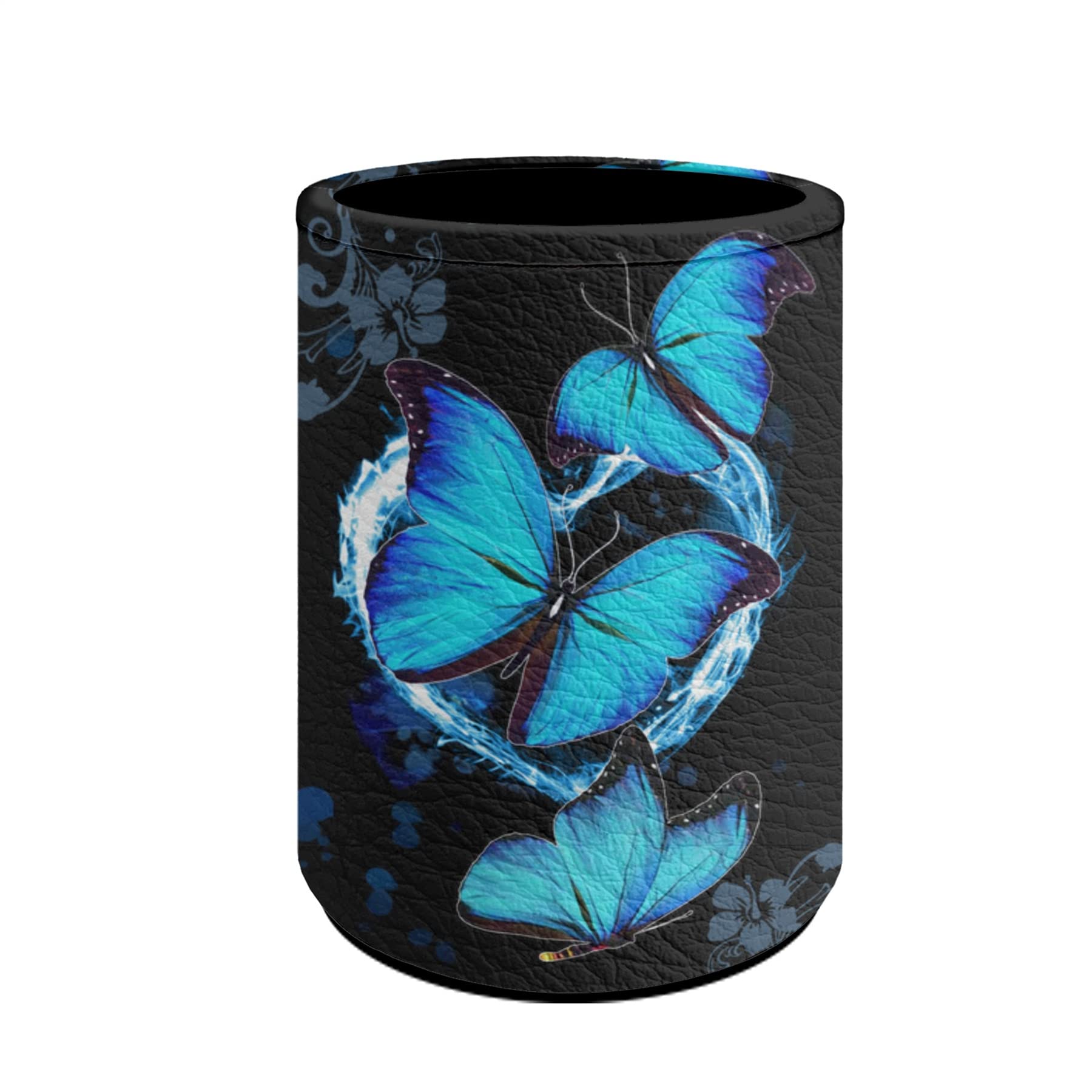 Elegant Blue Butterflies PU Leather Pencil Holder & Pen Organizer for Women - Desktop Makeup Brush Storage Cup, Perfect for Office, School, and Home Decor