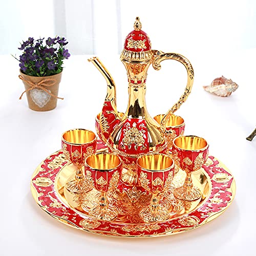 Vintage Turkish Coffee Pot Set with 6 Cups & Tea Tray - Handcrafted Metal Turkish Tea Set for Home, Wedding Gifts & Traditional Coffee Ceremonies - Gold Finish