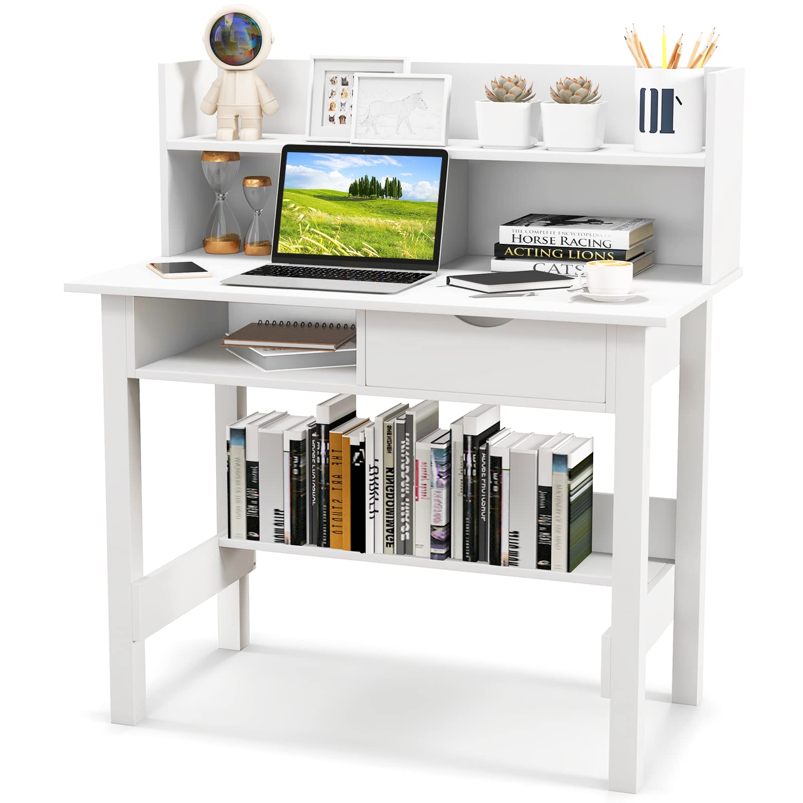 Tangkula White Desk with Hutch - Modern Home Office Writing Study Desk with Storage Bookshelf & Drawer, Makeup Vanity Desk for Bedroom, PC Laptop Computer Desk for Working & Studying - Perfect for Small Spaces, Dorm Rooms & Home Offices